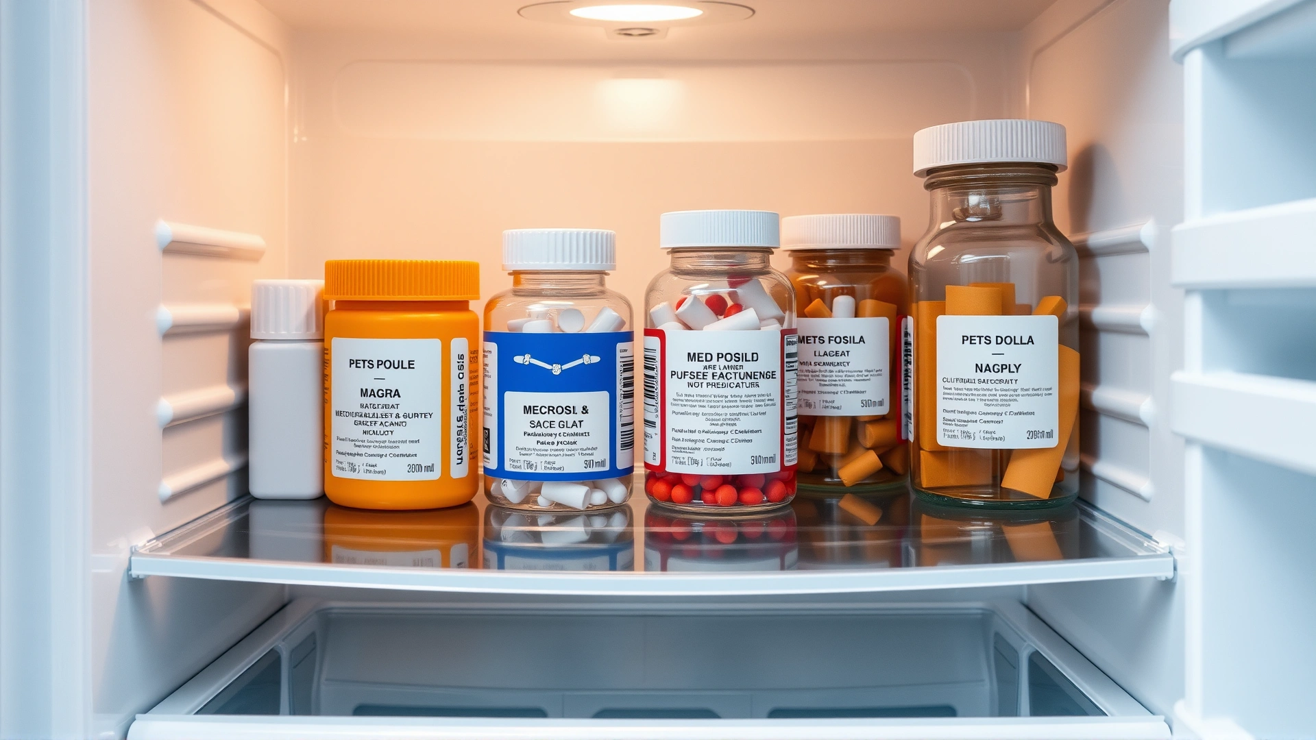 Organized refrigerator shelf with labelled containers storing pet medications safely, no text on labels.