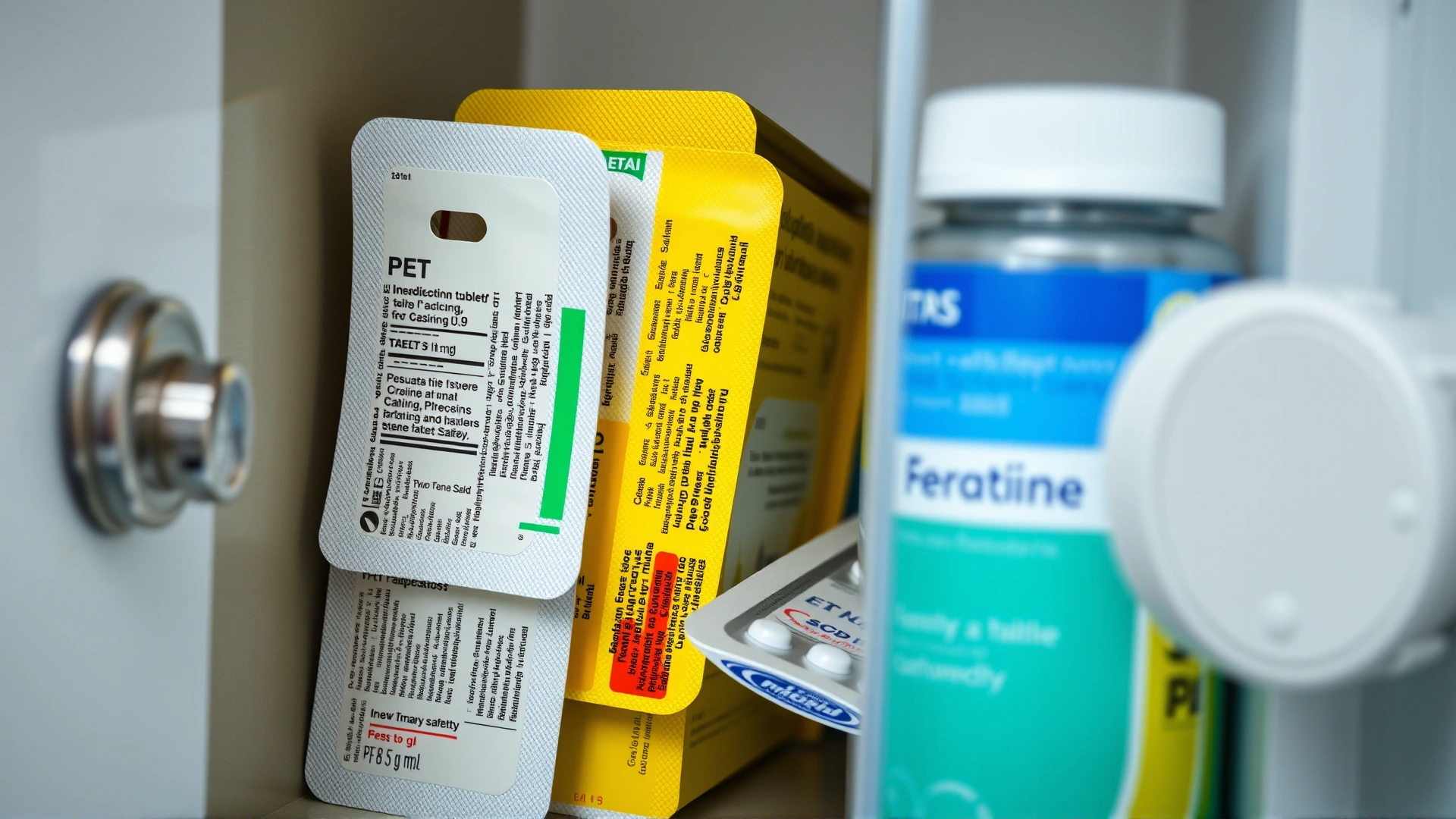 Close-up of pet medication blister packs stored neatly inside a household medicine cabinet with child-safety lock.