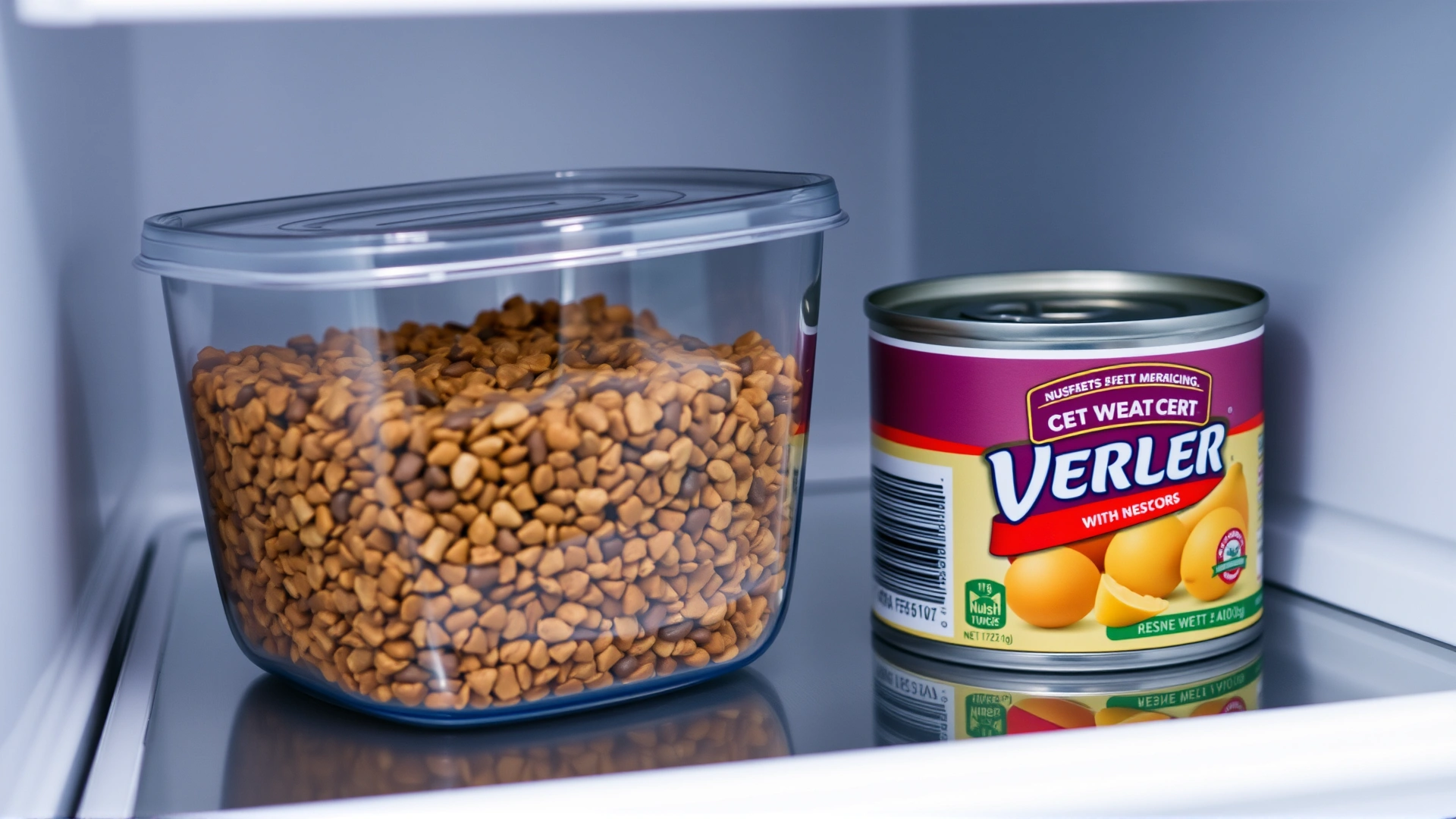 Lifestyle image of an airtight container filled with dry cat food next to a resealed canned wet food in a refrigerator door shelf.