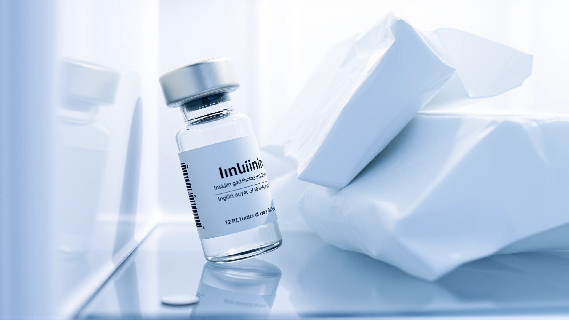 Close-up of an insulin vial stored upright in the refrigerator door next to ice packs, clean fridge interior, clear focus on vial.