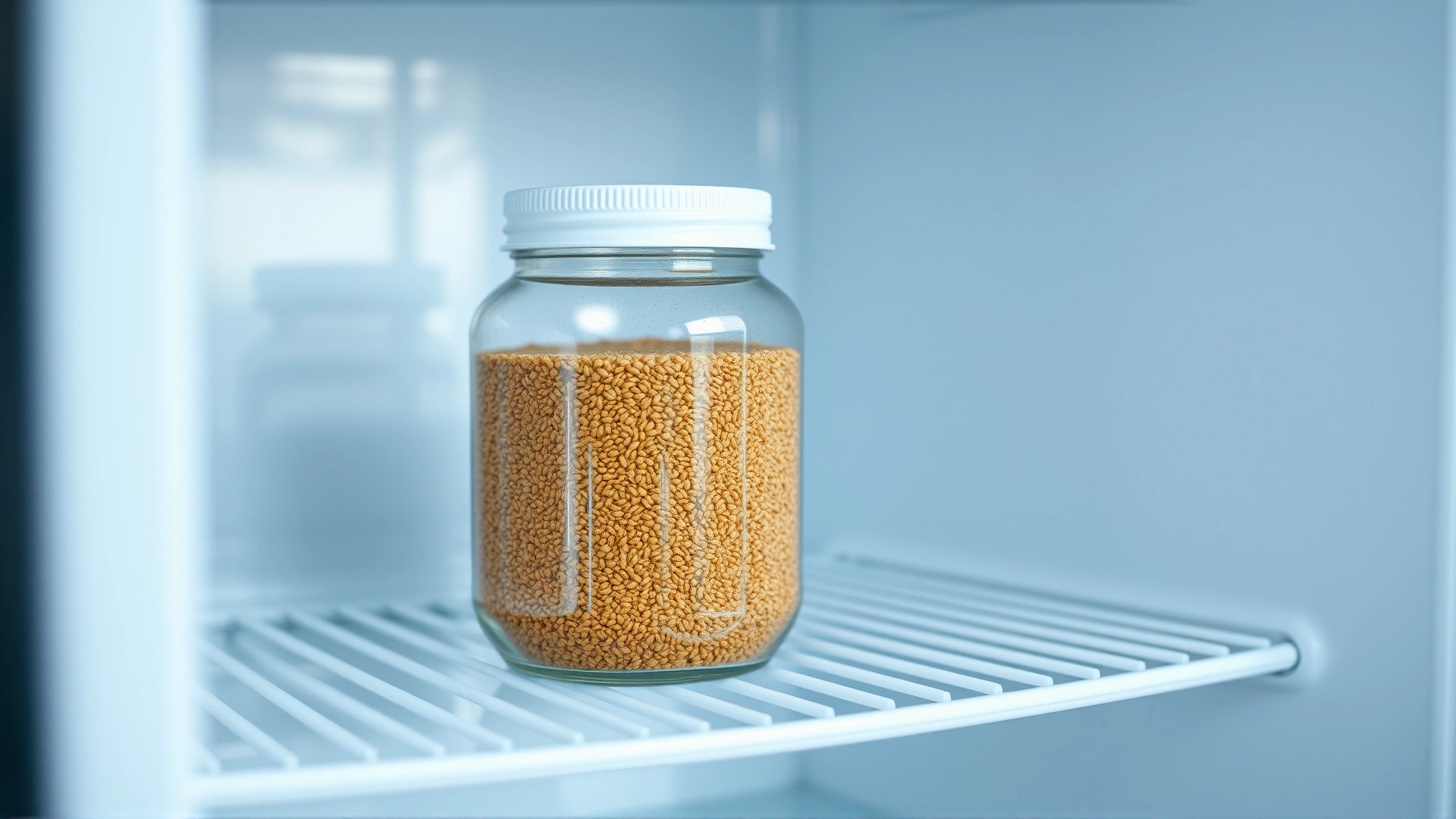 Glass jar of ground flaxseed stored inside a refrigerator door shelf, cool lighting, focus on jar.