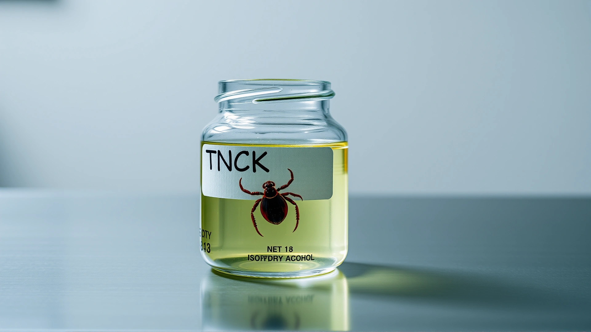 Small glass jar labeled and filled with isopropyl alcohol containing a removed tick, placed on a stainless steel veterinary table, clinical lighting, no text