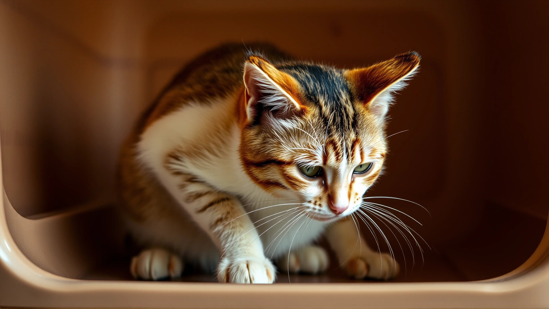 Side view of a cat in a crouched position inside a litter box, appearing to strain, low-key lighting to emphasize posture