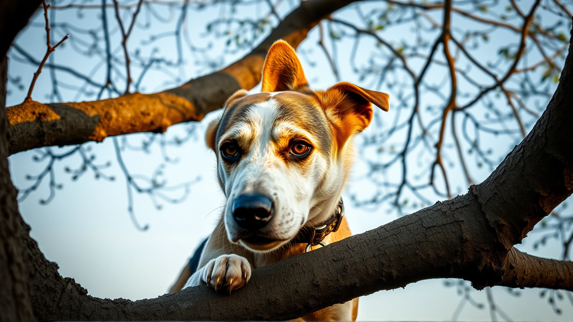Dog caught by its collar on a low tree branch, looking distressed, early morning light