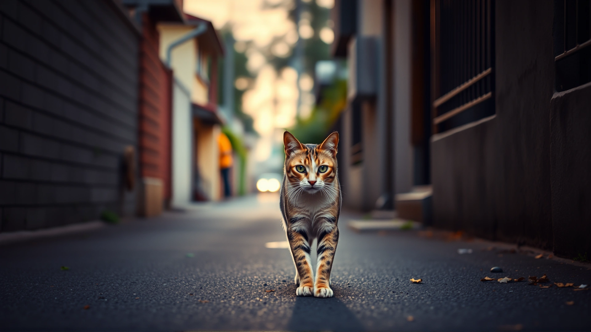 A candid street-level shot of a lone stray cat walking along a quiet residential alley at dusk, soft focus background