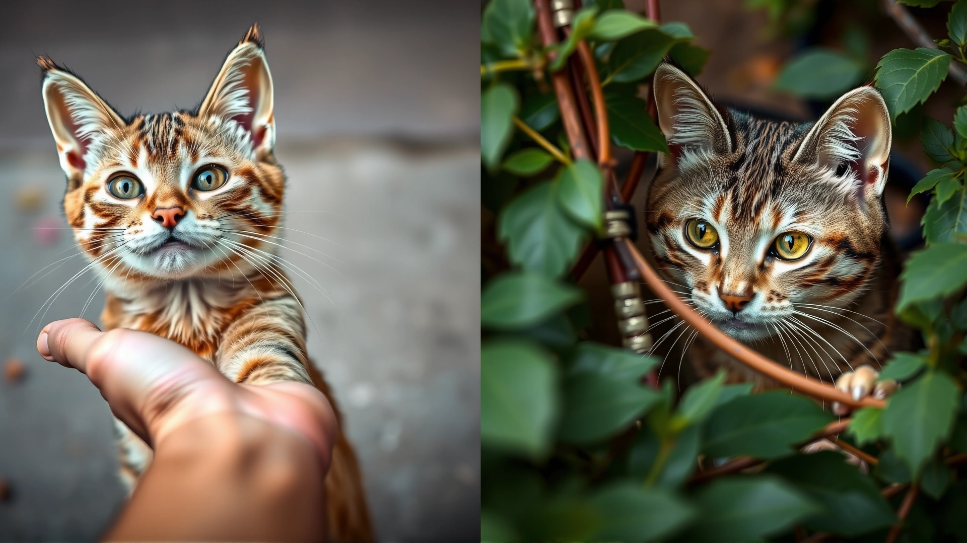 Side-by-side composition: on the left, a friendly stray cat approaching an outstretched human hand; on the right, a wary feral cat hiding behind foliage. No text on image.