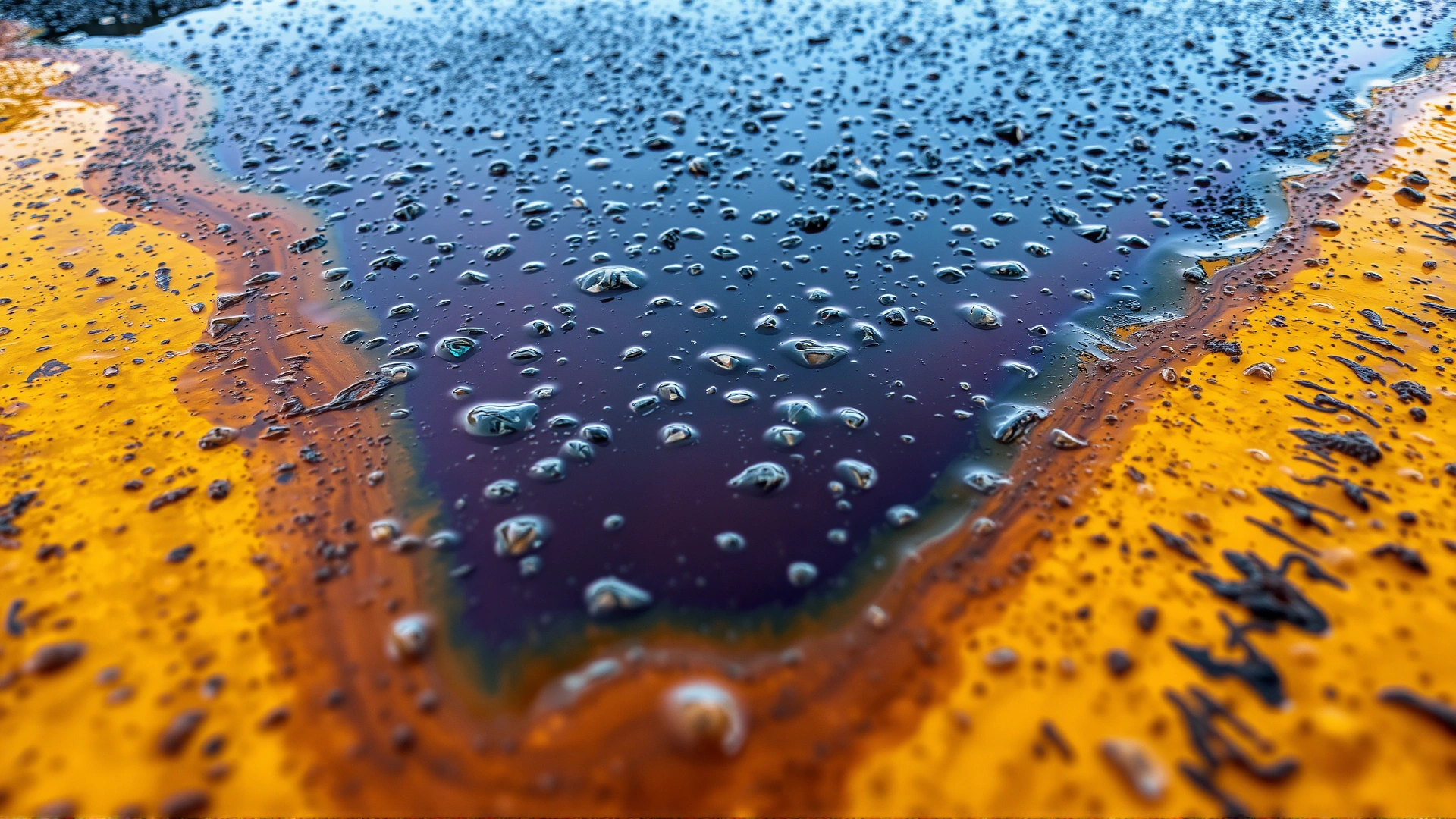 Macro shot of colorful oil slick floating on wet asphalt after rain, abstract pattern, no text.