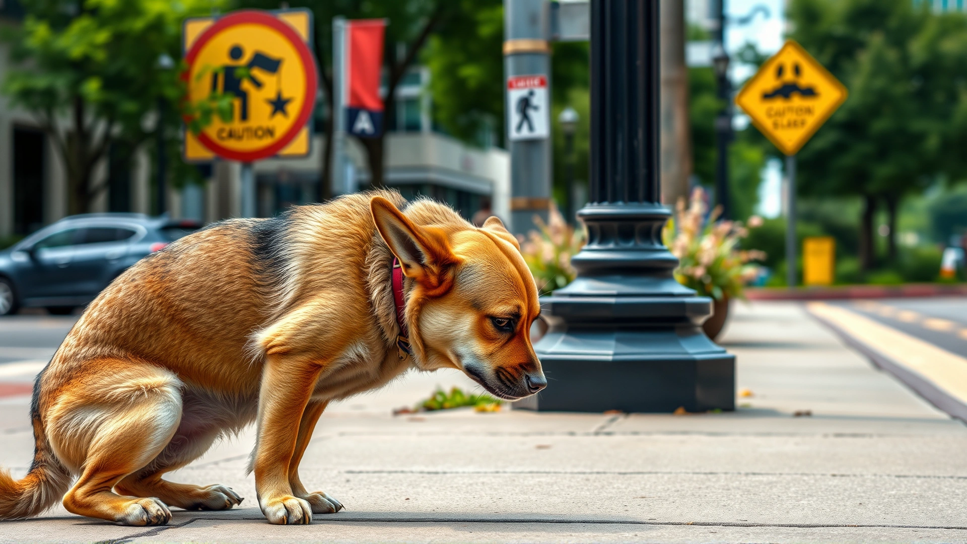 A medium-sized dog sniffing near a street lamppost with a caution sign in the background on a city sidewalk, daylight