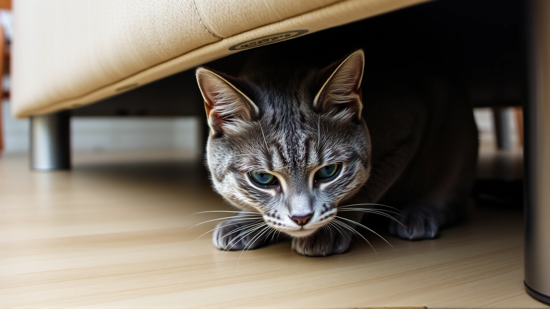 Indoor photo of a gray cat crouching under a sofa, ears back, showing signs of stress.