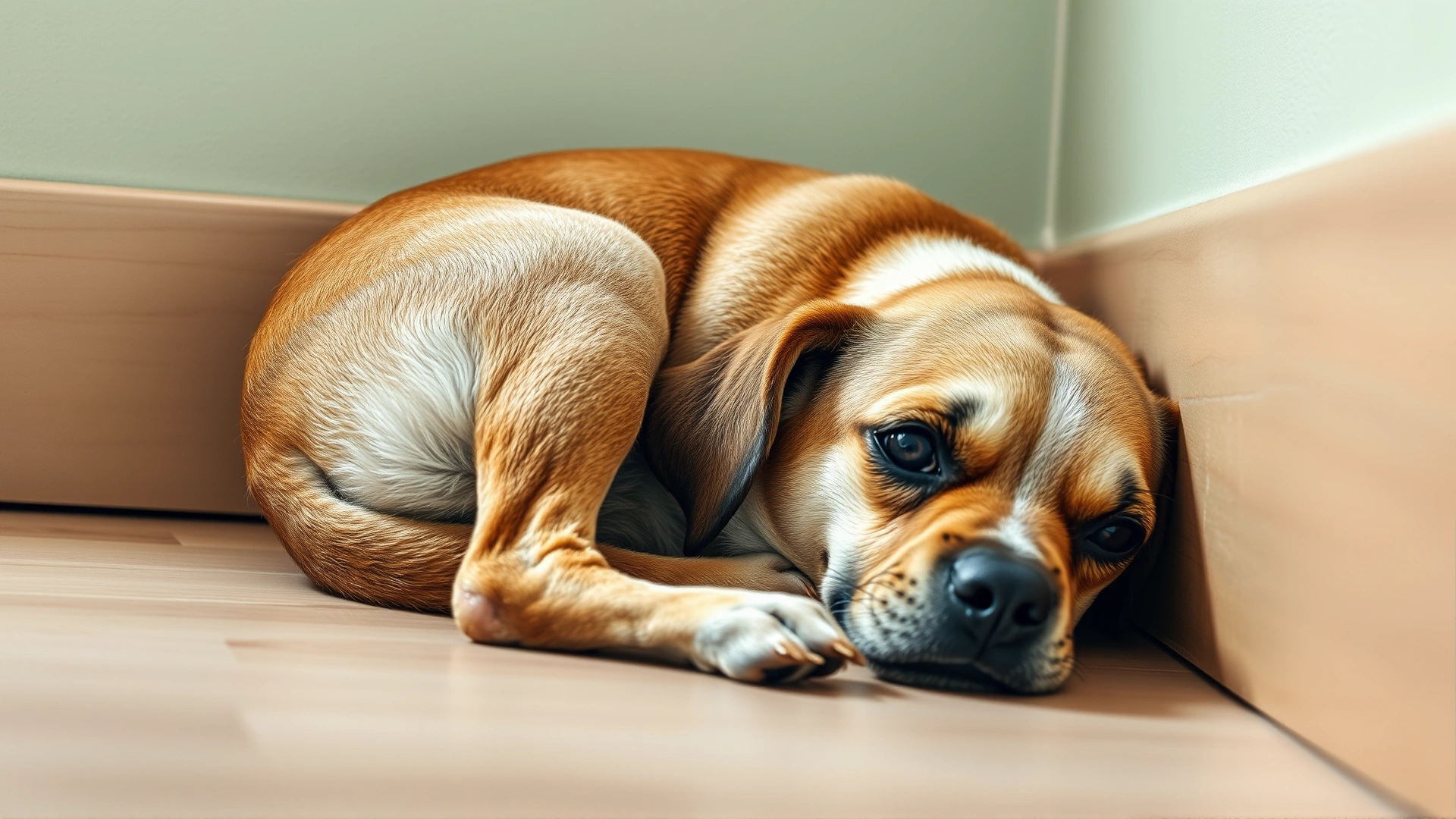 A timid dog curled up in the corner of a room, ears back and eyes wide, illustrating signs of fear and anxiety