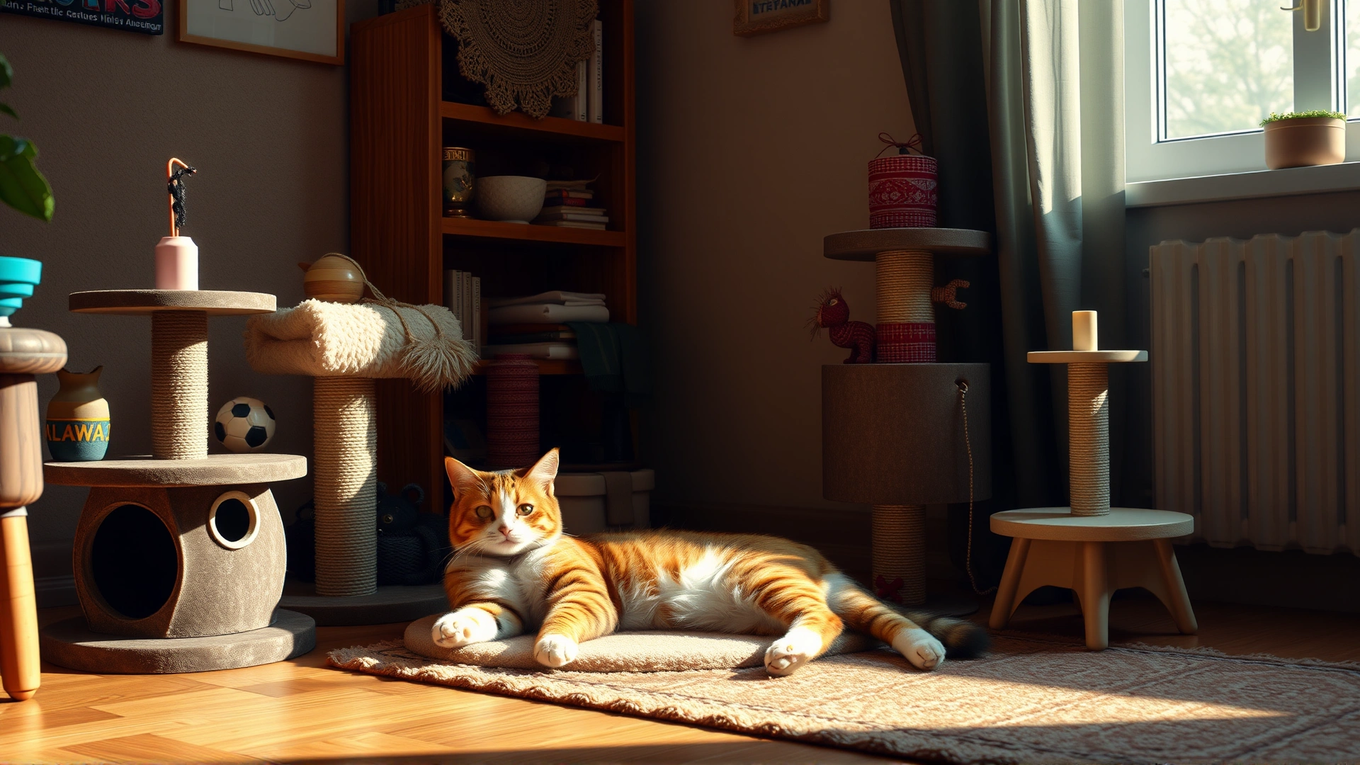 A cozy living room corner with cat tree, scratching post, and toys, a relaxed cat lounging, warm ambient light.