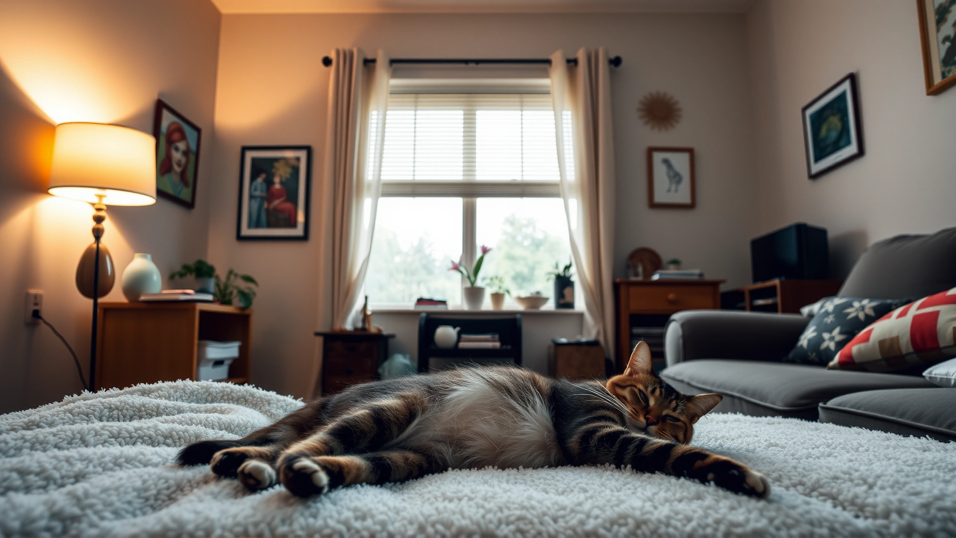 Calm, decluttered living room with dim lighting, a pheromone diffuser plugged in, and a relaxed cat lying on a plush blanket.