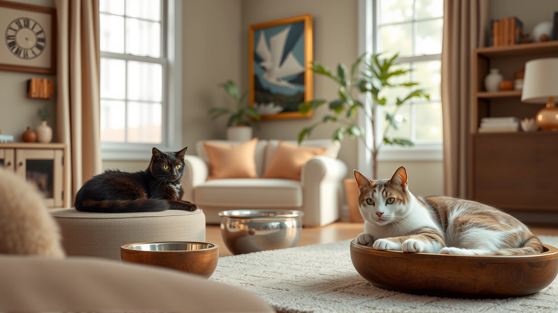 Calm living room with soothing colors, two cats lounging near their bowls at opposite corners, looking relaxed