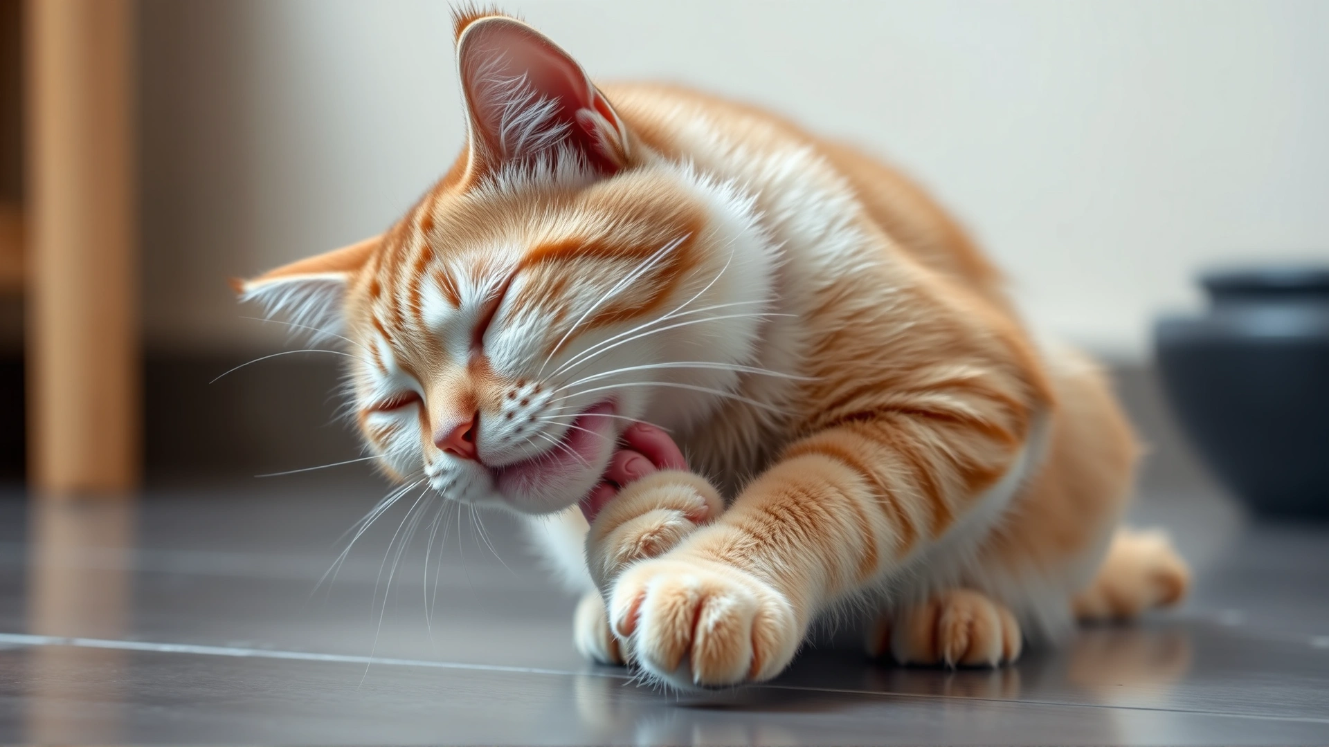 Cat obsessively licking its foreleg in a stressful environment; subtle background blur.