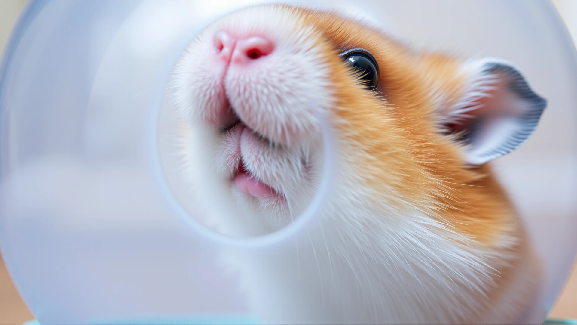 Macro shot of a hamster pressing its nose against the ventilation slits of a plastic ball, facial expression showing mild distress, neutral indoor background.