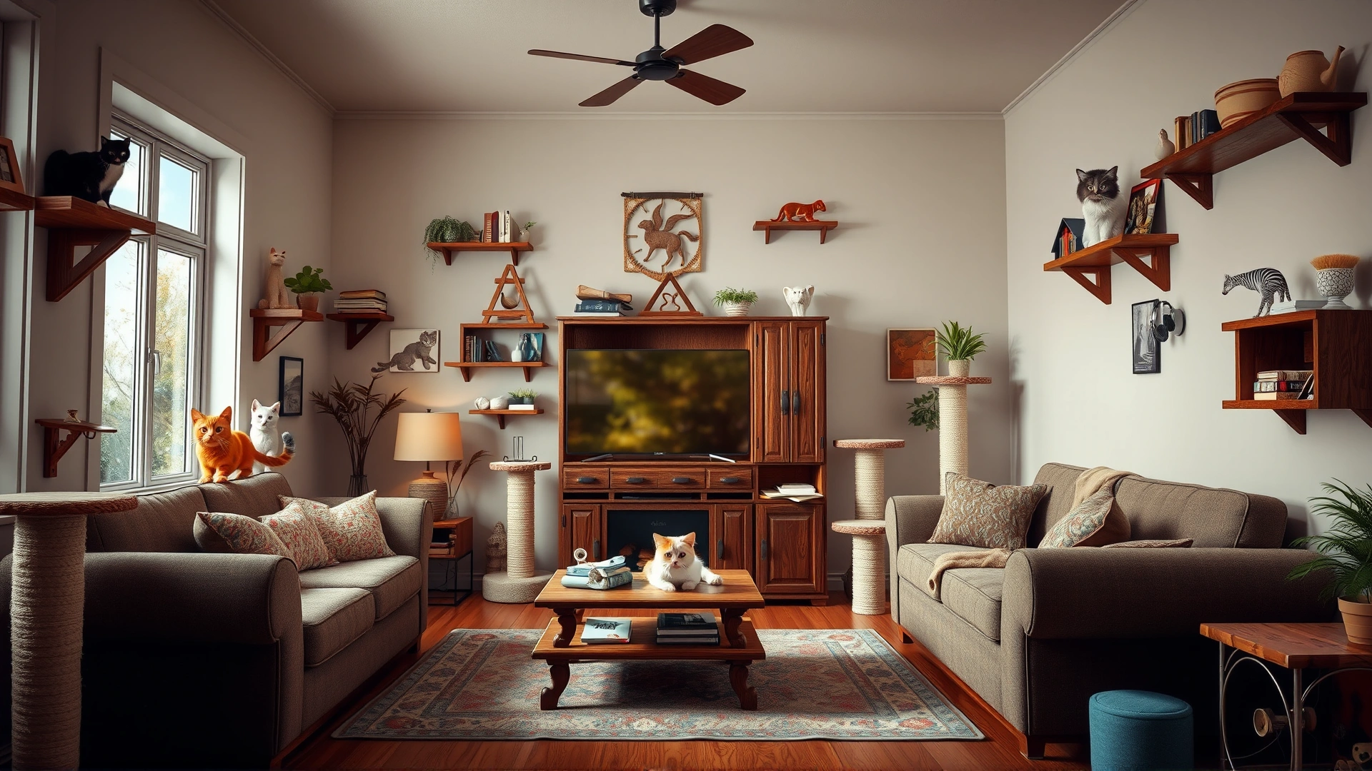 Cozy living room with multiple cat shelves, scratching posts, and toys, cat exploring