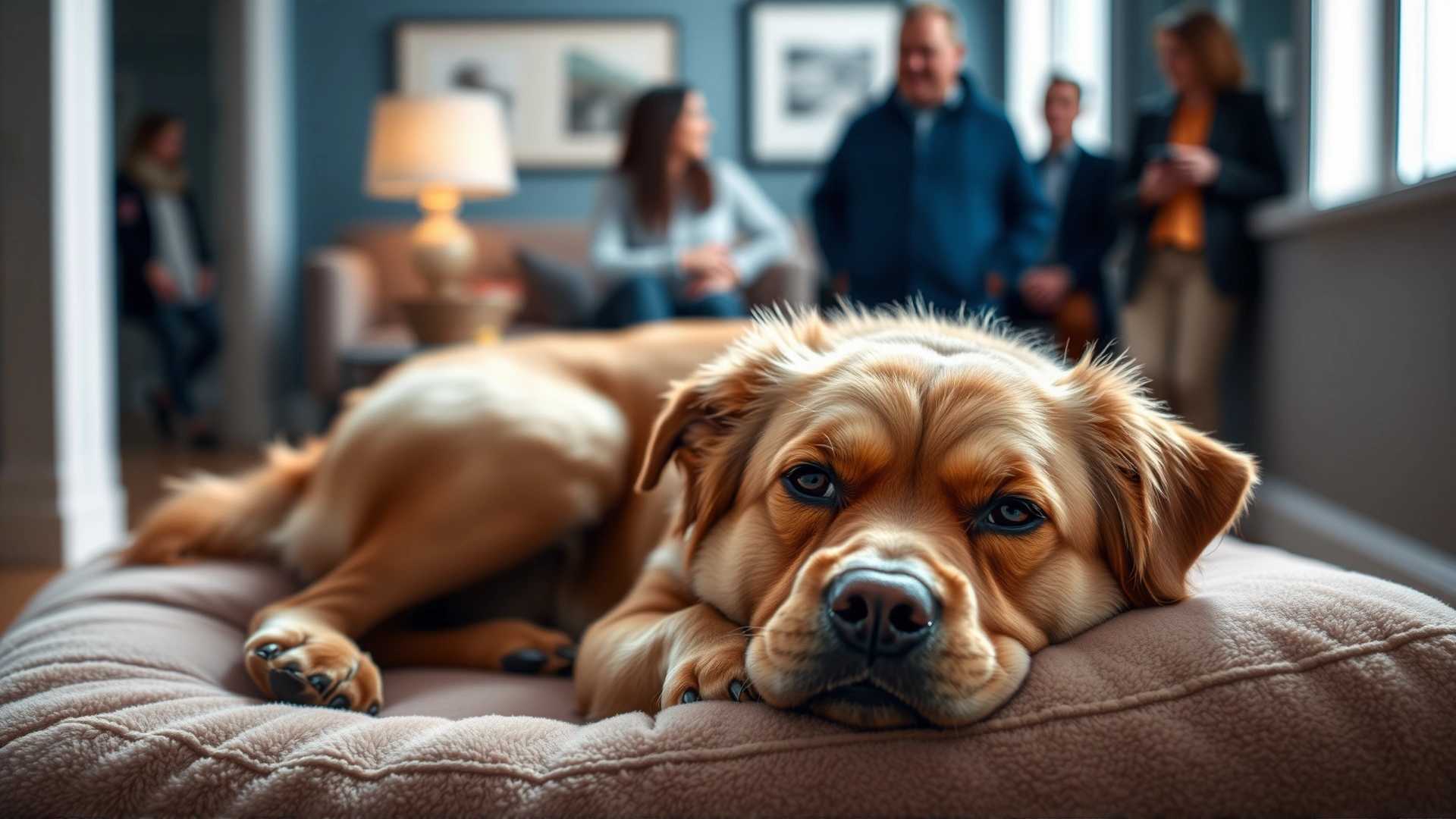 Calm dog lying on a plush bed in a quiet corner room while guests chat in a blurred background, illustrating a safe space.