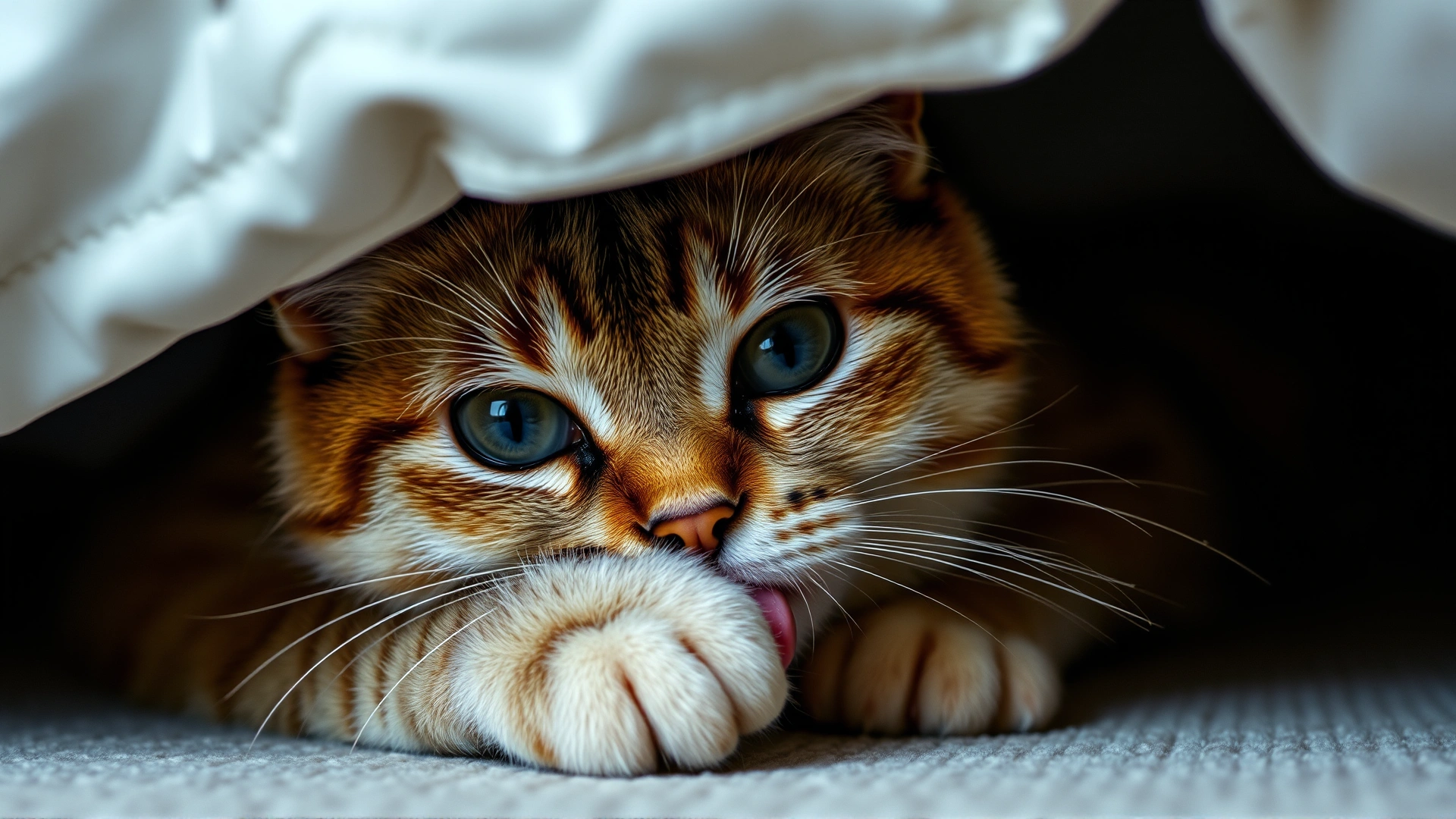 Nervous cat hiding partly under a bed, licking its own paw with wide eyes, visualizing self-soothing during stress.