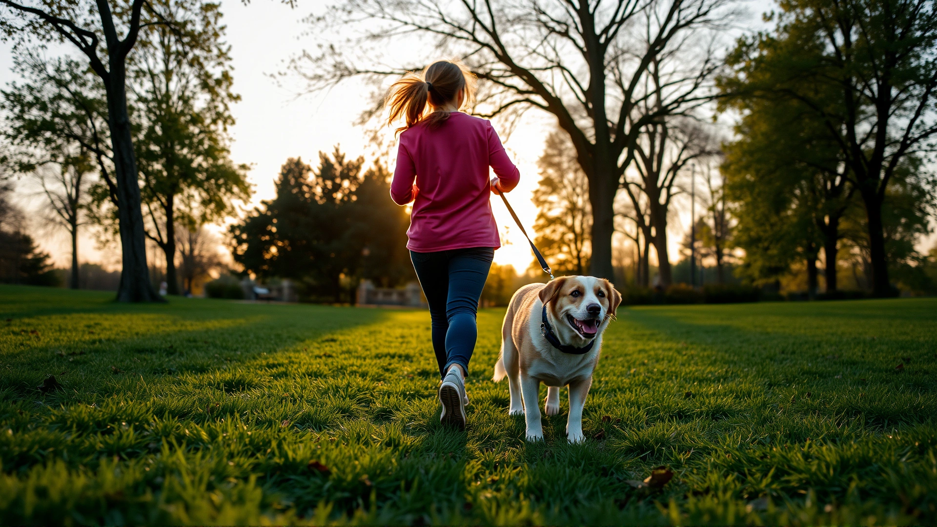 Person walking a relaxed dog through a green park during golden hour, symbolizing stress relief