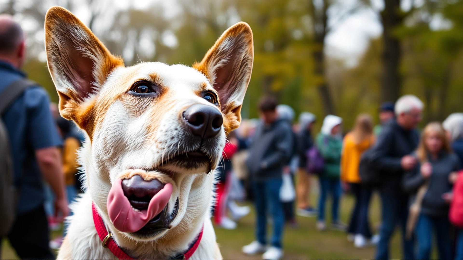 Anxious dog at a crowded outdoor park, ears back and licking its lips while looking uneasy; illustrates stress-related lip licking