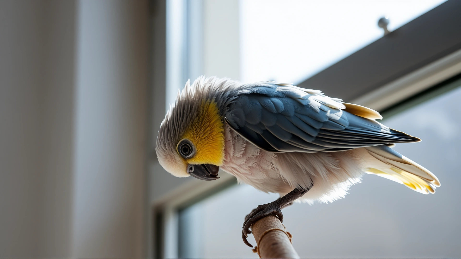 Medium shot of a cockatiel perched alone with slightly fluffed feathers and head lowered, window light casting subtle shadows to evoke stress.