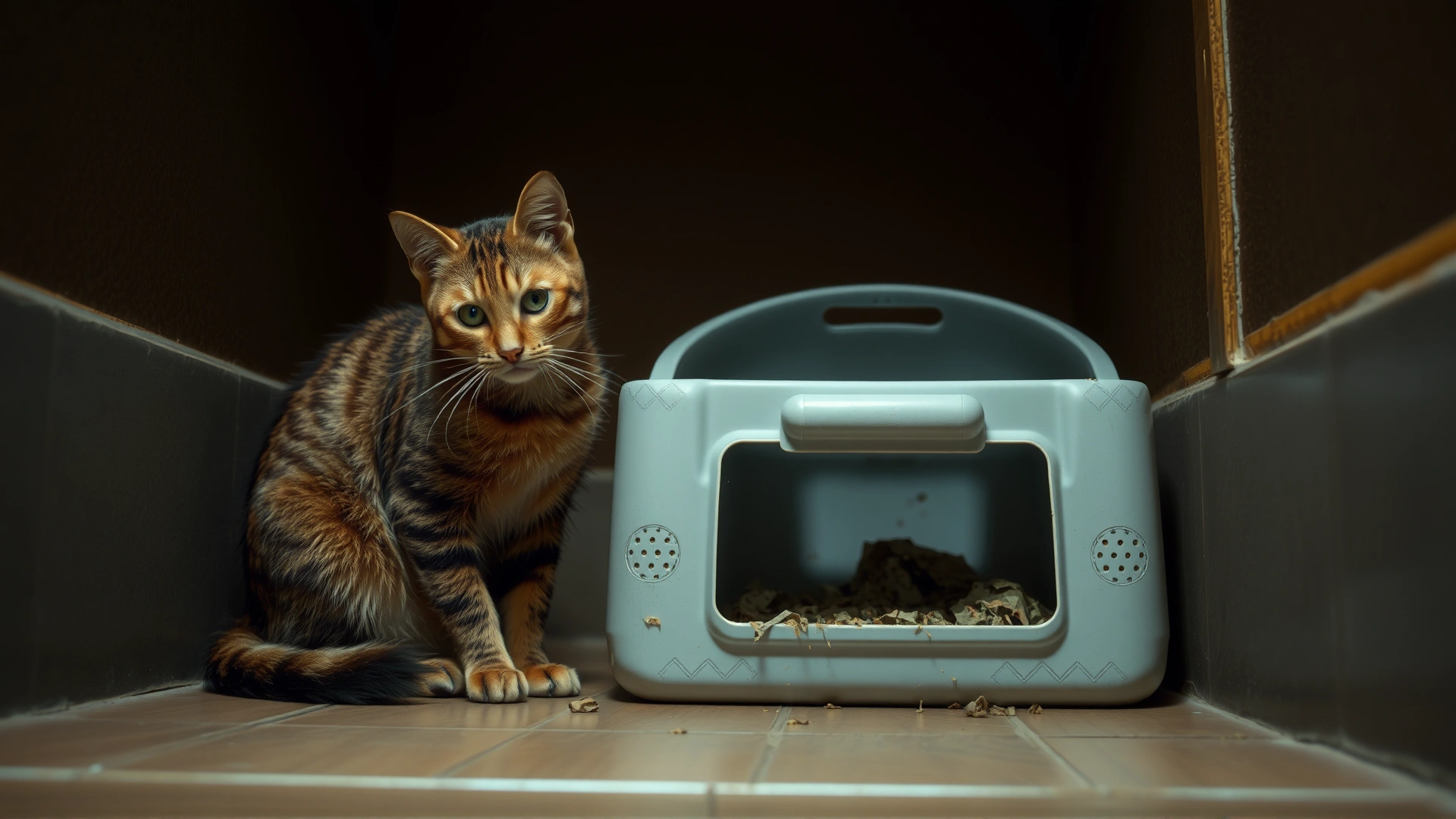 Photo of a nervous domestic cat with flattened ears sitting beside an overfilled, dirty litter box in a dimly lit corner
