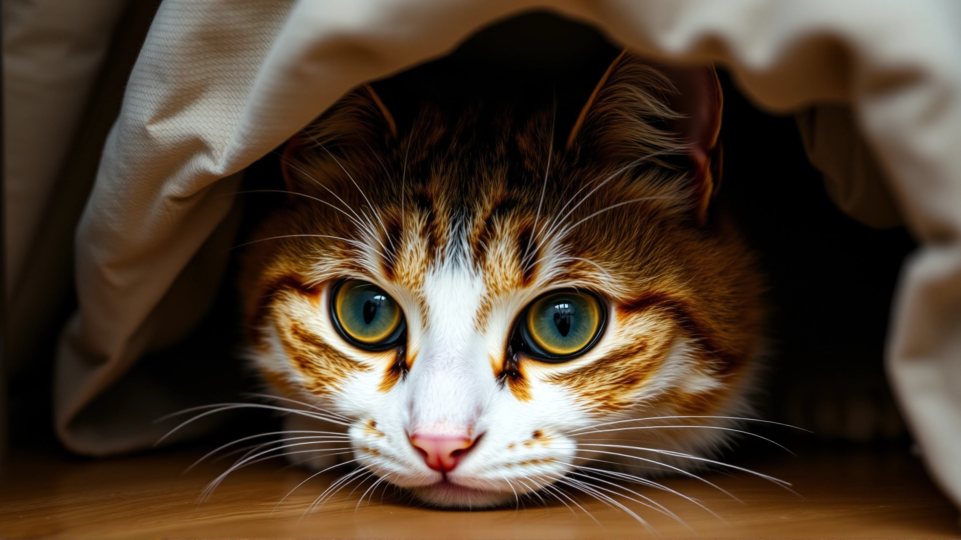 Indoor cat with wide eyes and flattened ears hiding partially under a bed, displaying signs of stress.
