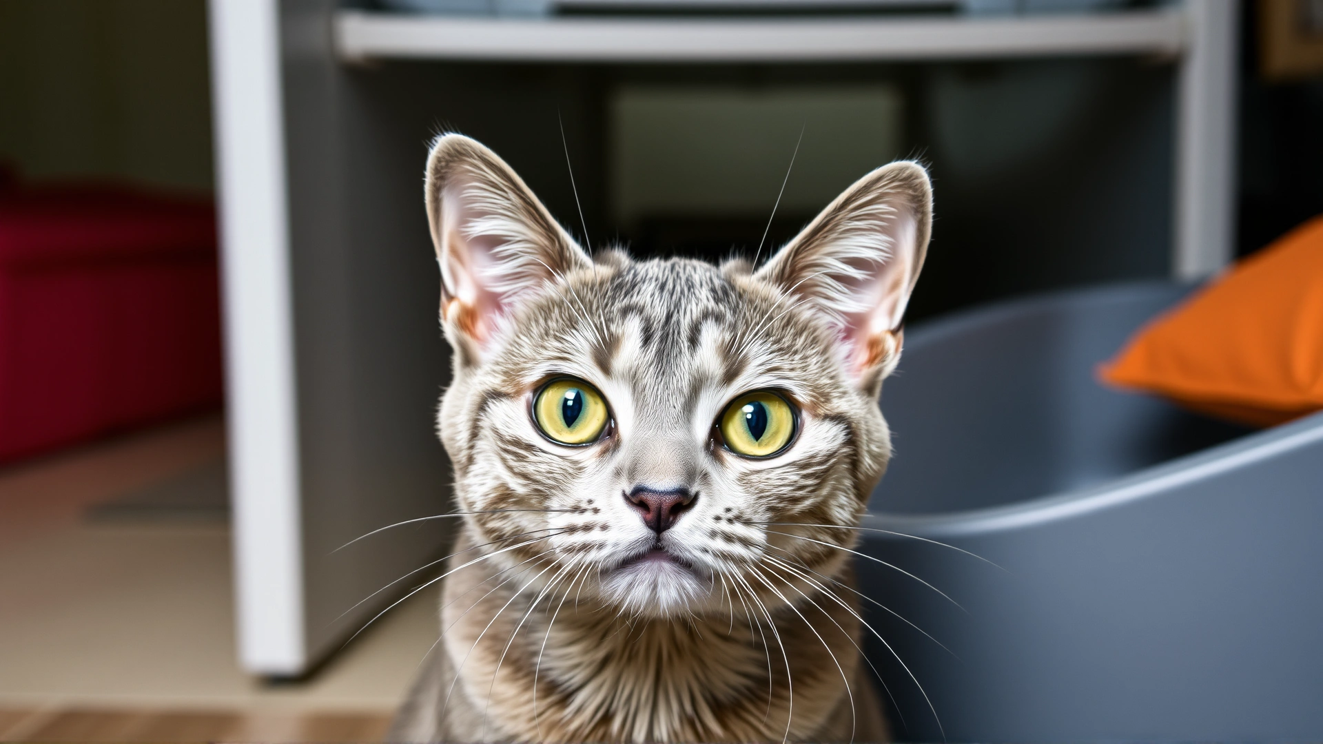 Indoor portrait of a grey domestic cat with flattened ears and wide eyes, sitting near a litter box, conveying mild anxiety.