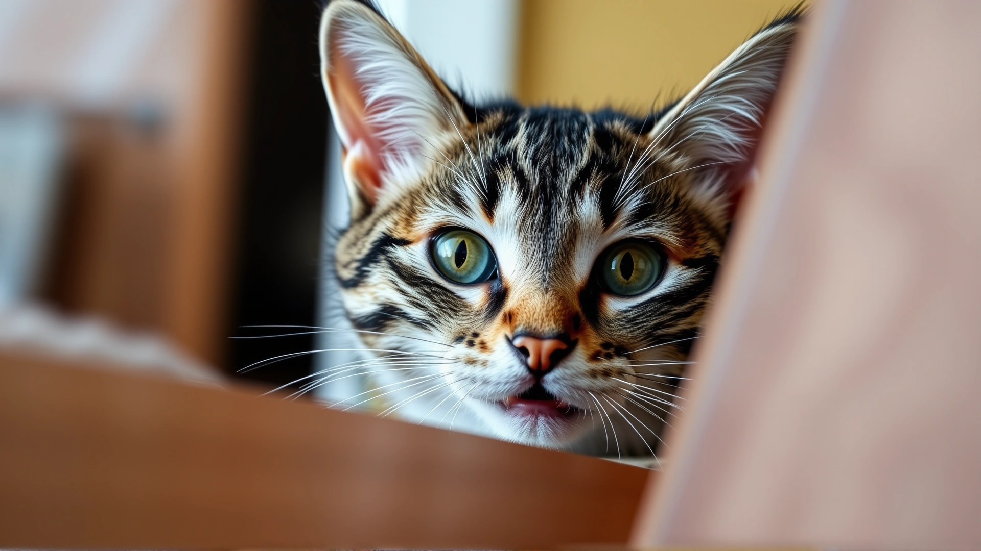 A frightened tabby cat with wide eyes hiding behind furniture, ears back, illustrating stress