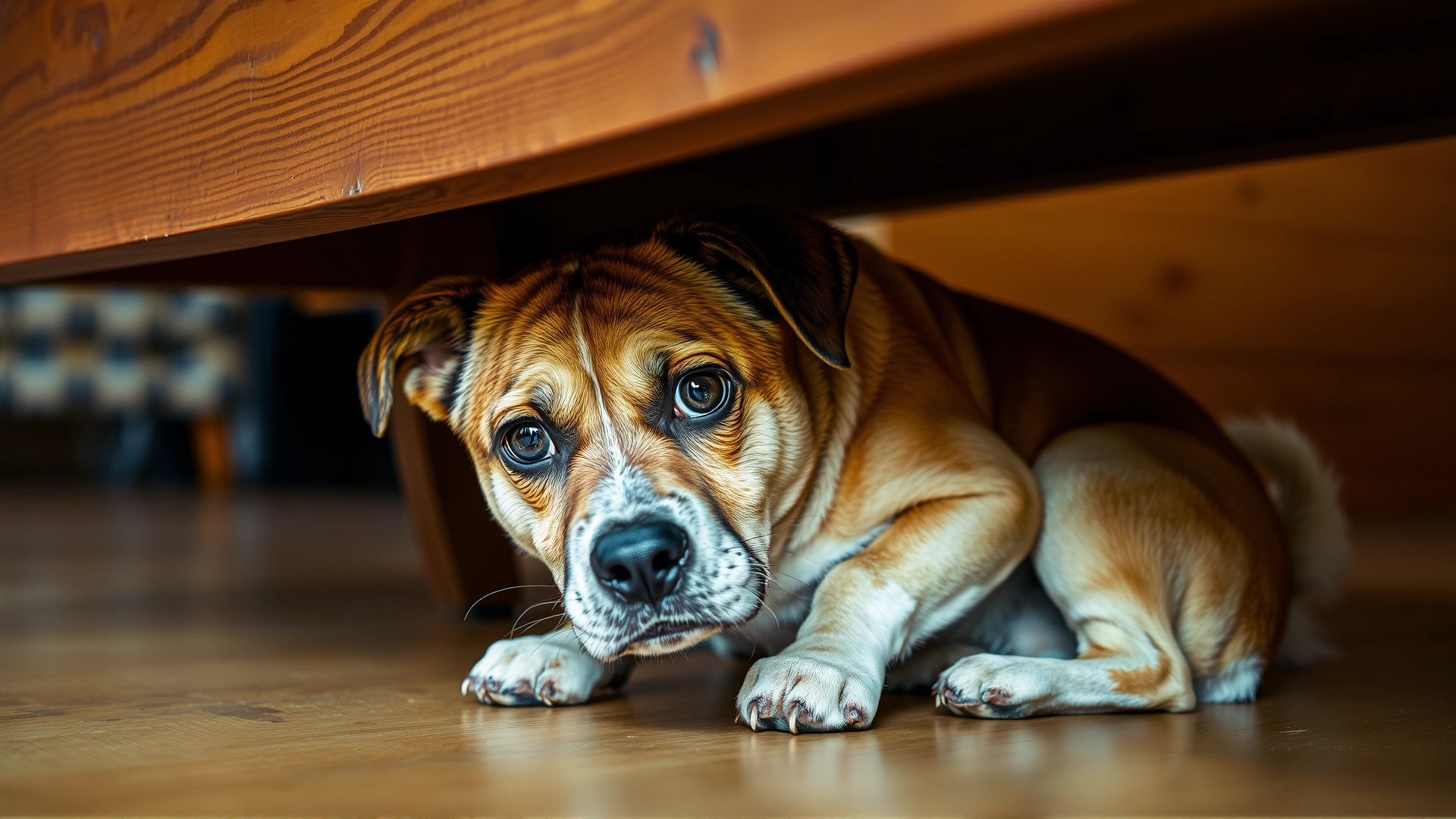 A nervous dog crouching under a wooden table with wide eyes and tail tucked, illustrating anxiety rather than anger.