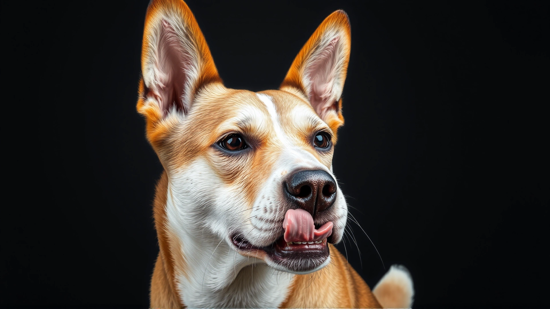 A dog exhibiting stress signals: ears pinned back, whites of eyes visible, licking its lips, tail tucked
