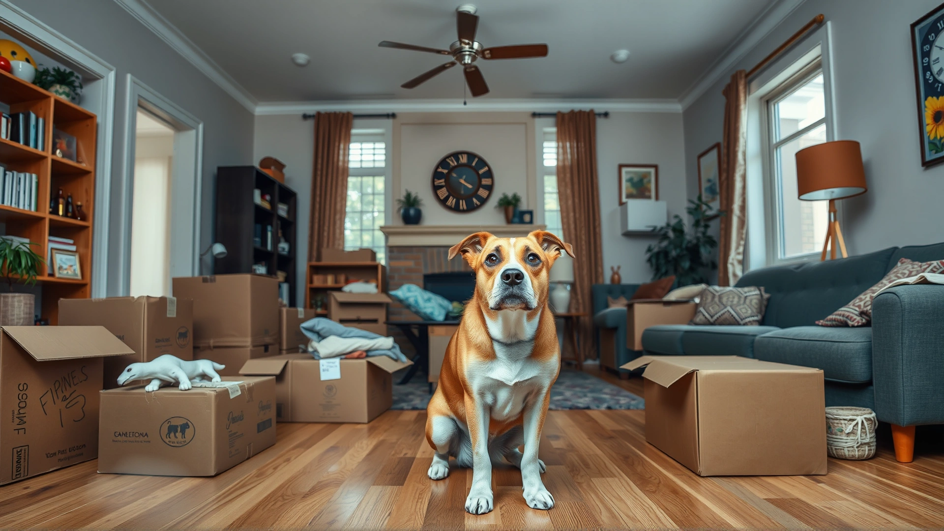 Wide shot of a living room full of moving boxes and new furniture with a dog looking anxious in the middle, representing environmental stressors.