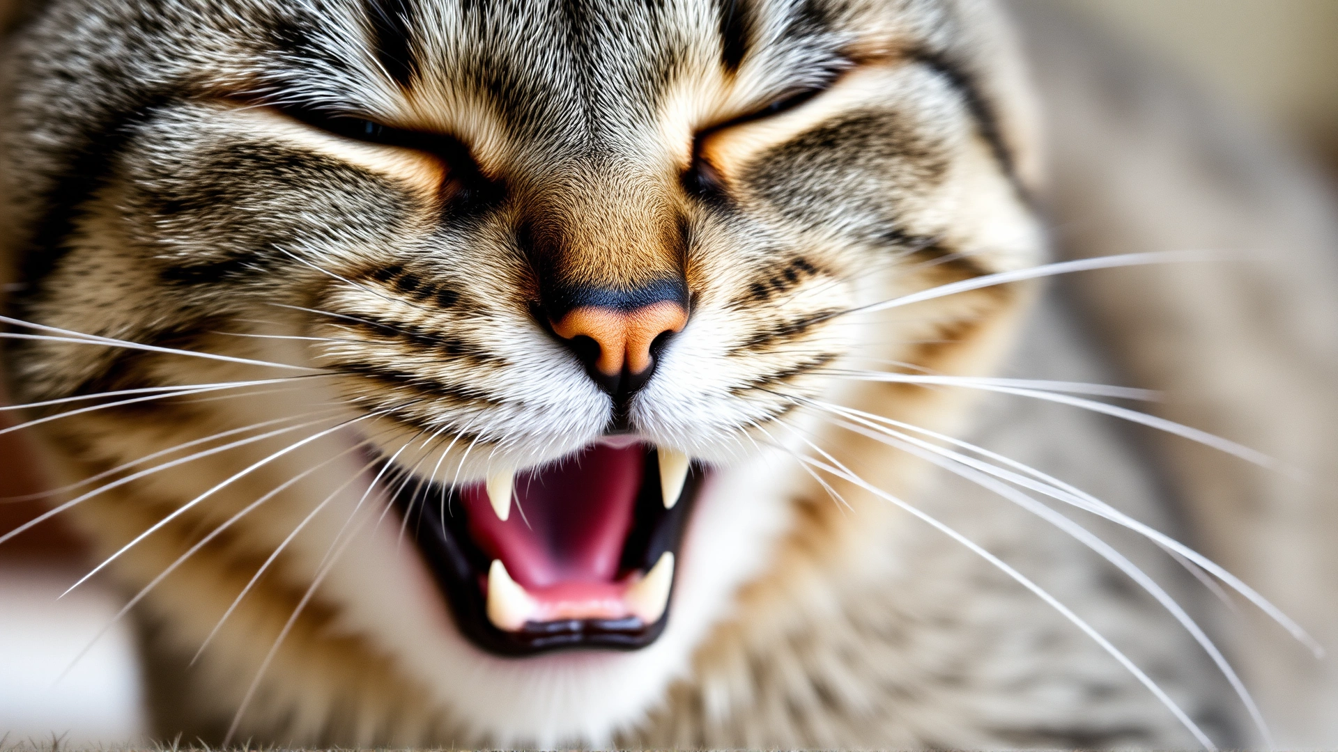 Close-up photo of a grey tabby cat with its mouth slightly open and chest heaving, illustrating labored breathing.