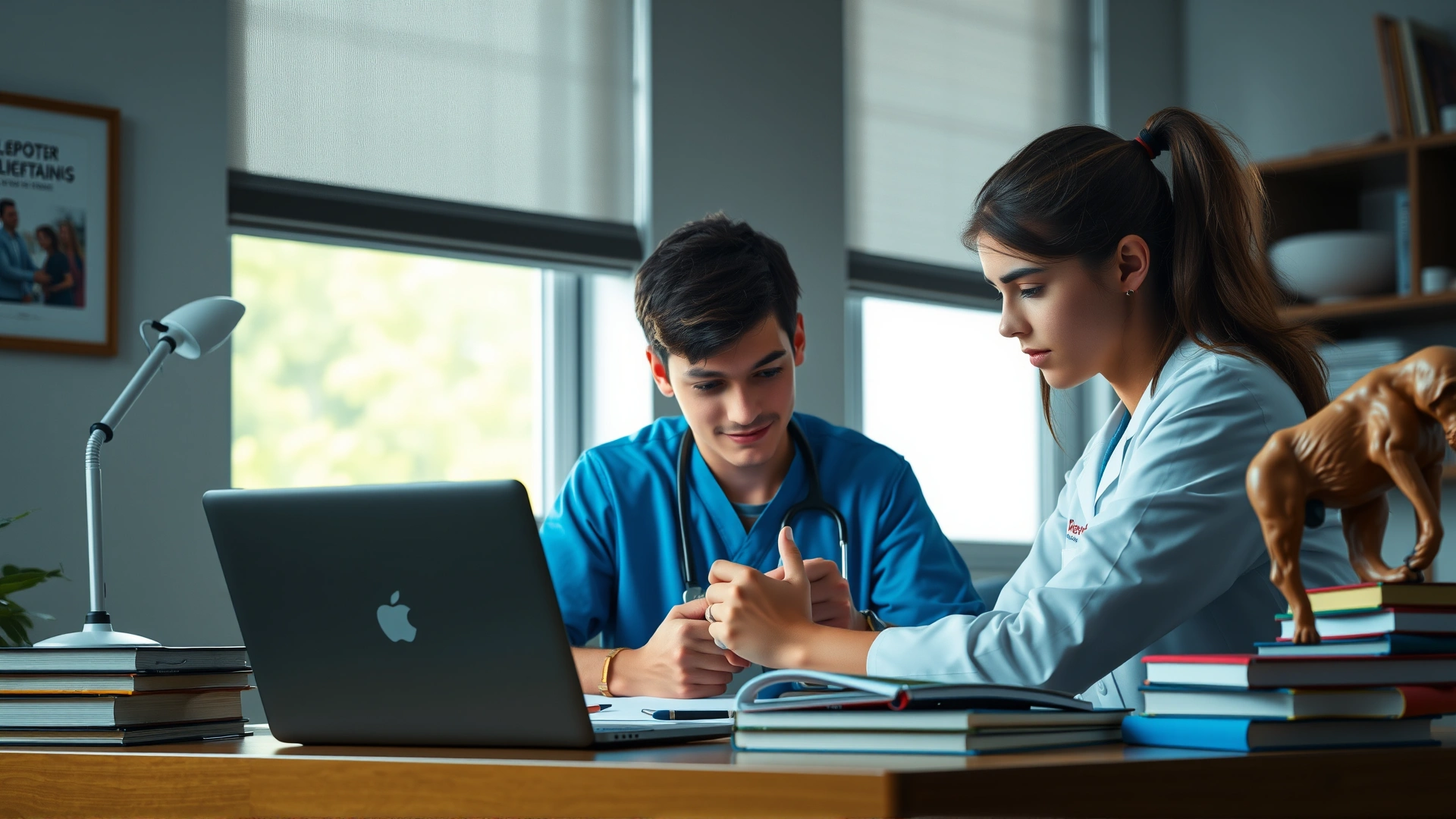 Young veterinary student studying at a desk filled with textbooks, laptop, and anatomical animal model in a cozy well-lit room.