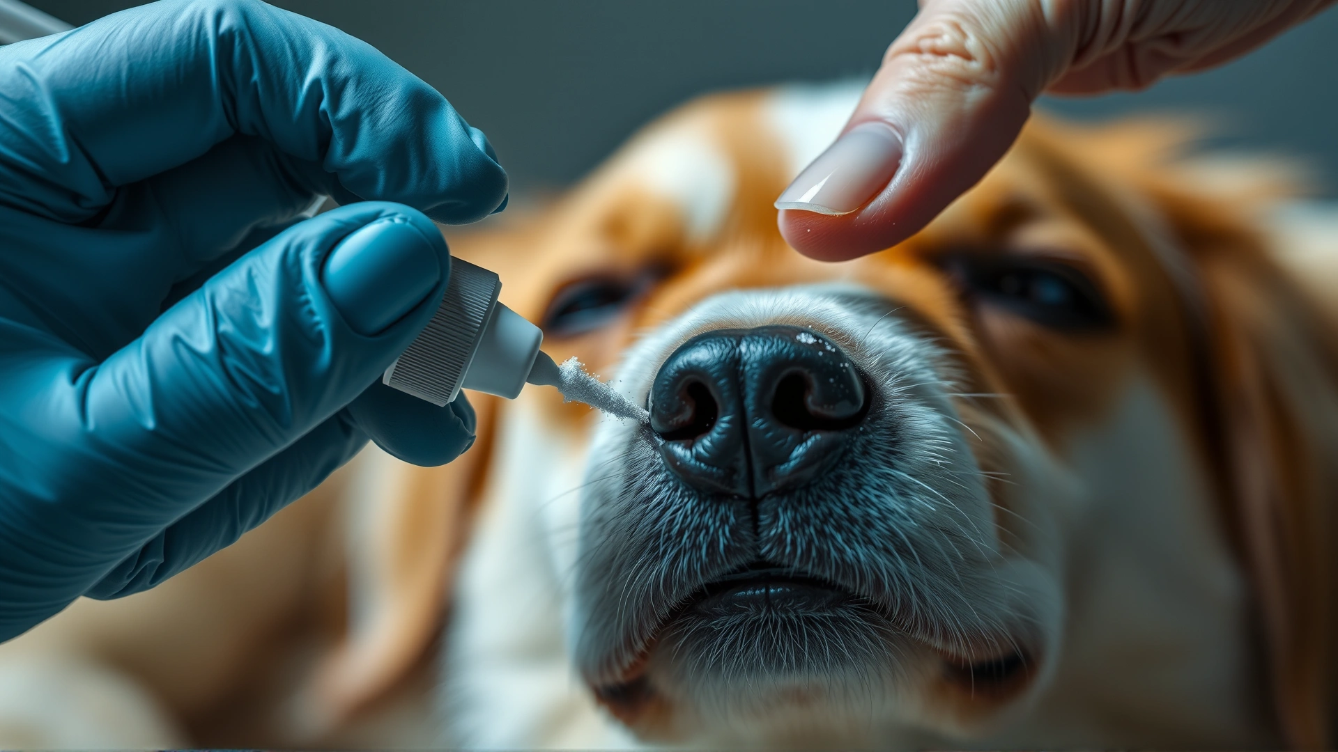 Close-up of a human hand applying styptic powder to a dog's slightly bleeding nail tip, with the dog calmly resting.