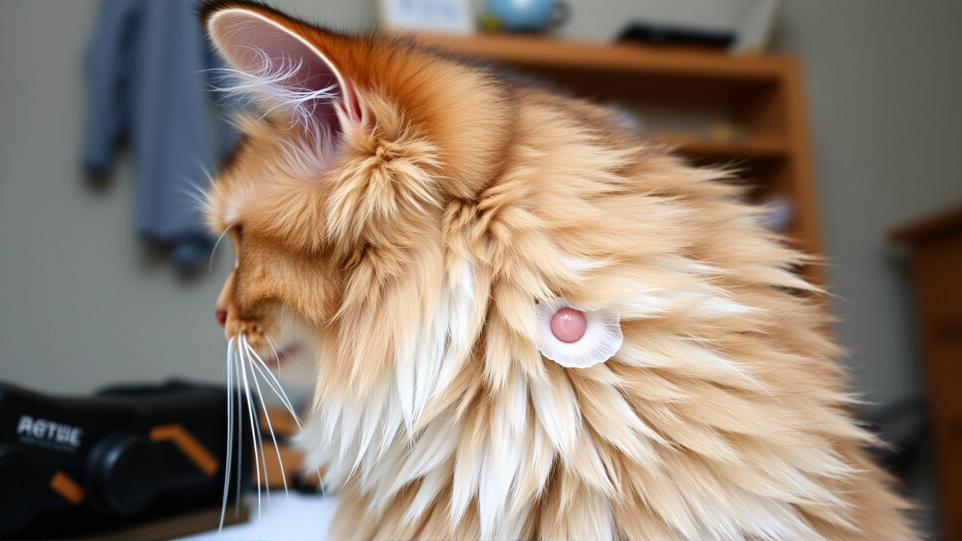 Side view of a long-haired cat with a visible small lump on the neck area, indoors, no text