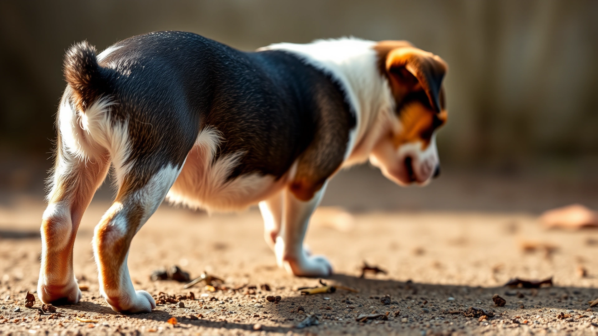 A small dog crouching with its tail tucked and ears back, a tiny trickle of urine visible, demonstrating submissive urination behavior.