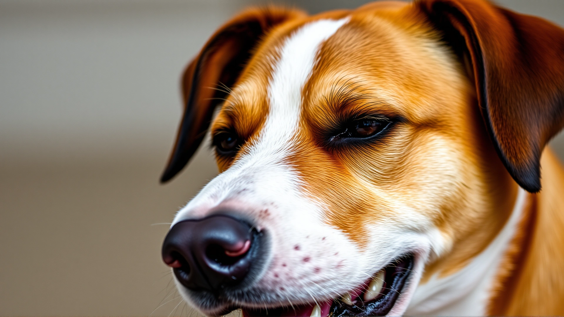 Close-up of a dog showing a submissive grin, lips pulled back gently with head slightly lowered and eyes soft