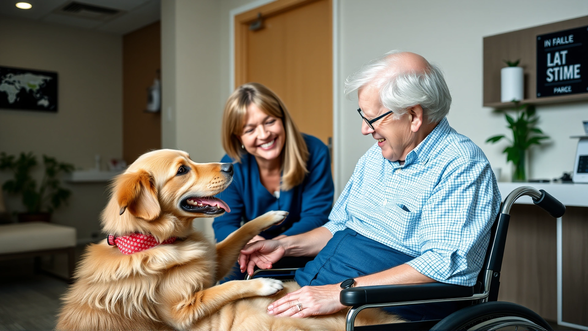 Elderly patient in a hospital wheelchair petting a therapy dog with family members smiling around