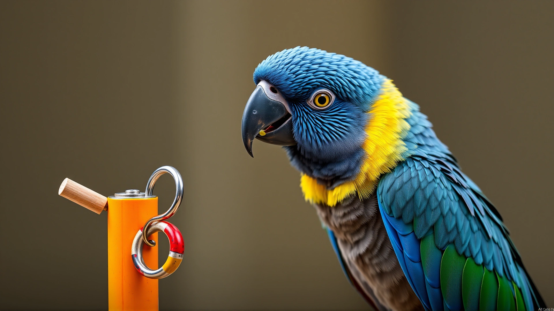 Senior blue-fronted Amazon parrot placing a small ring onto peg during trick training, colorful play stand, high resolution