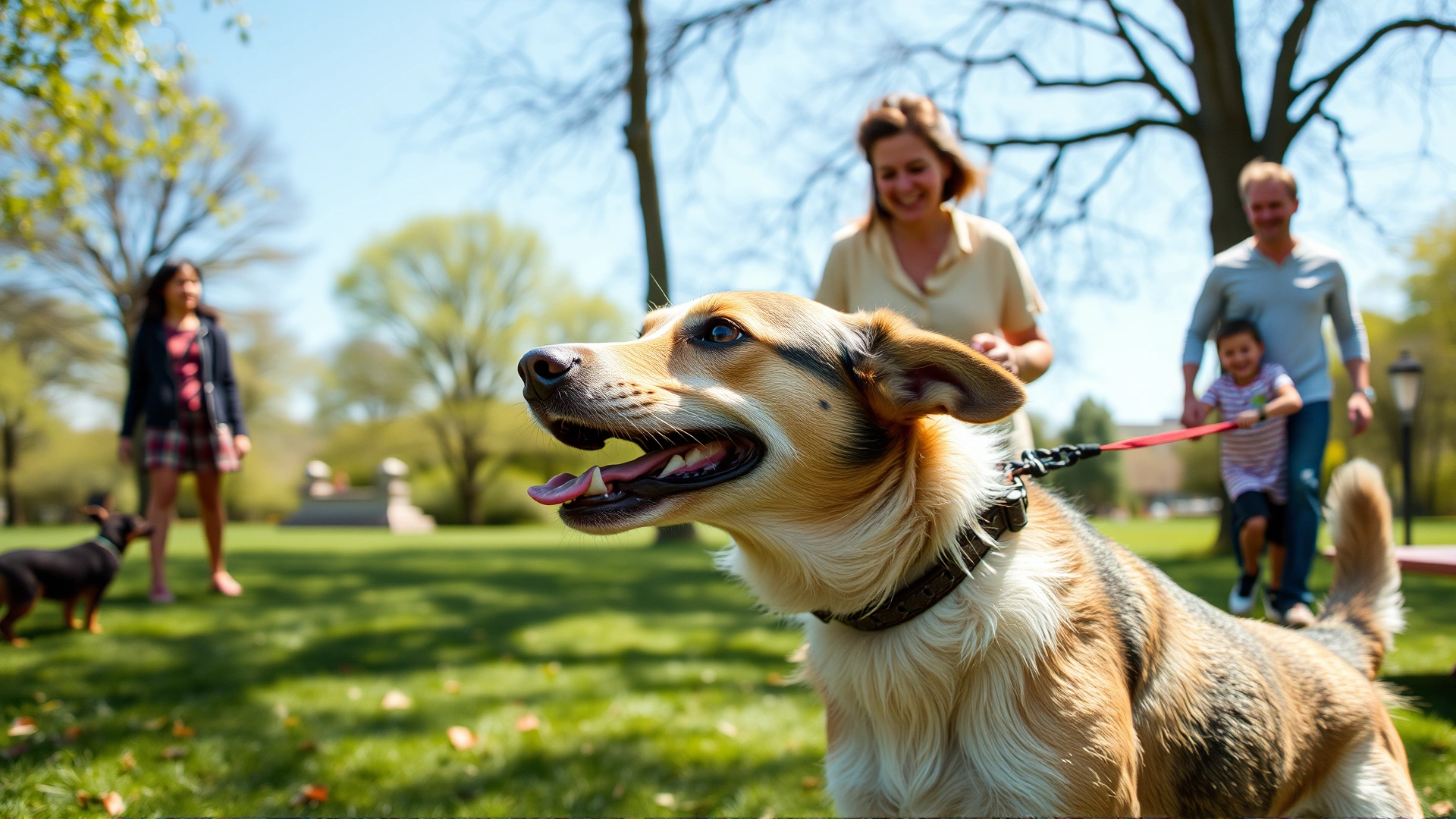 A once-neglected dog happily playing fetch with its new family in a sunny park, showcasing transformation and joy