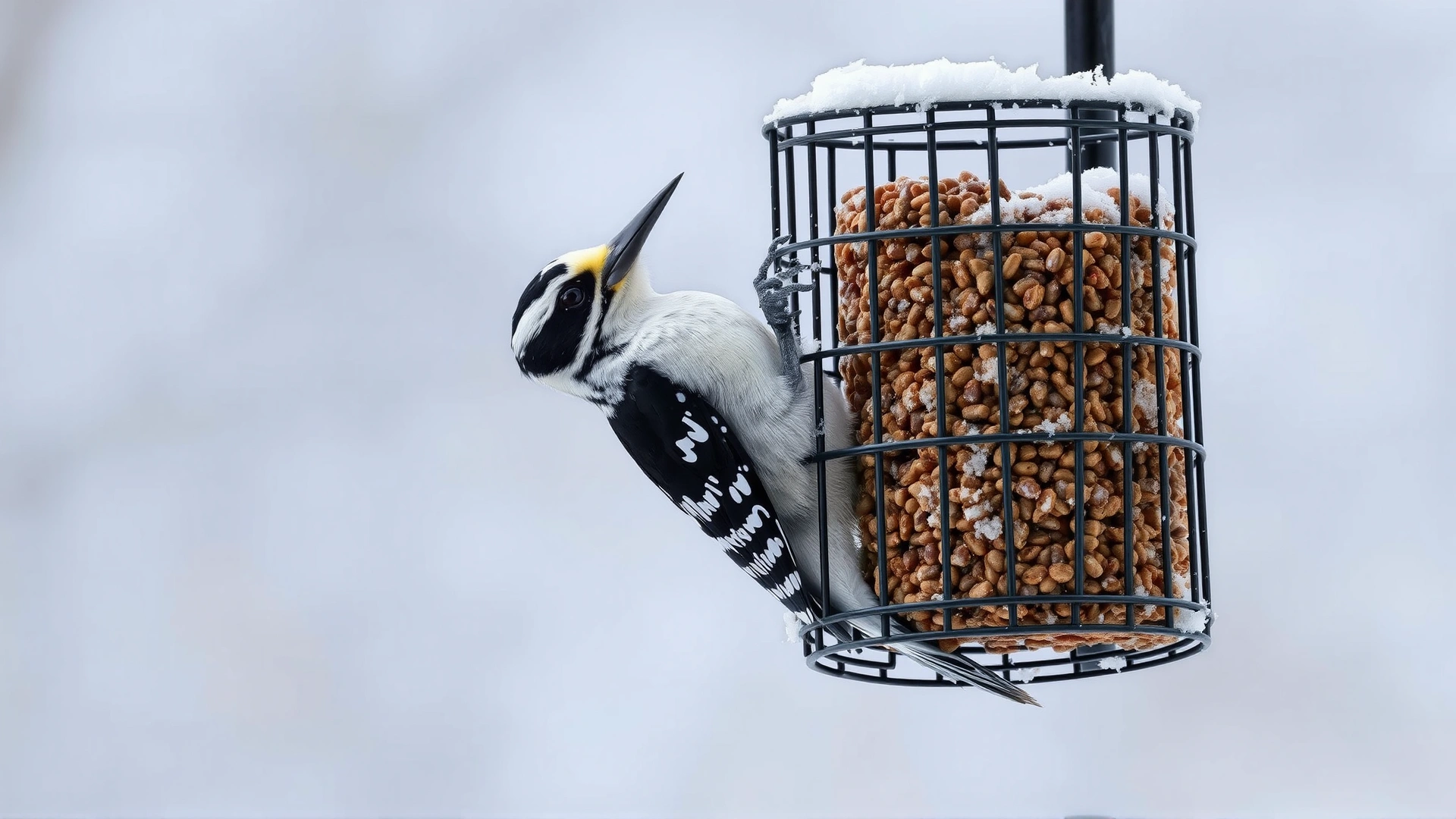Downy woodpecker clinging to a suet cage feeder against a snowy winter backdrop.