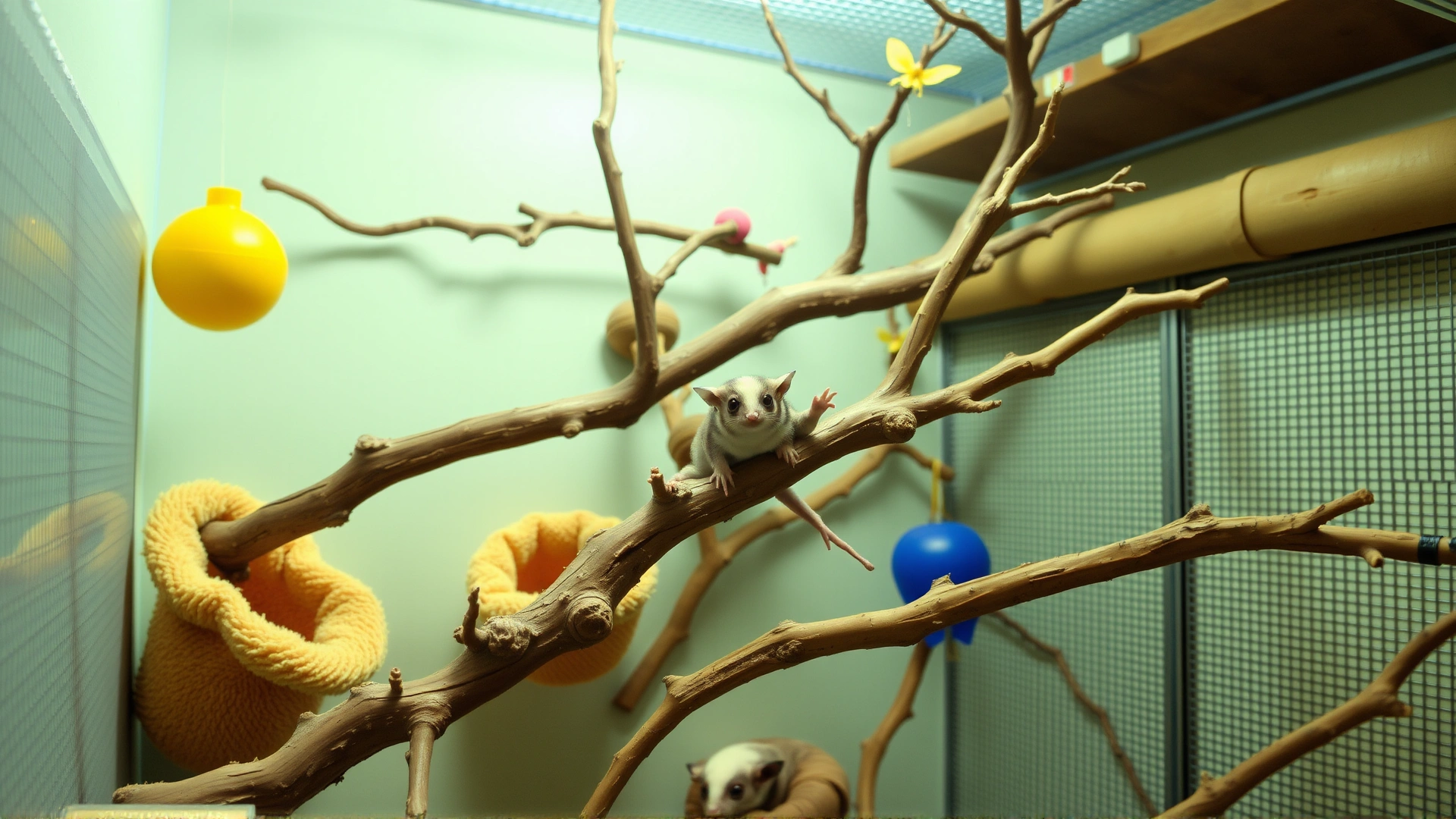 Well-equipped vertical sugar glider enclosure indoors with branches, pouches, and toys, brightly lit and clean.