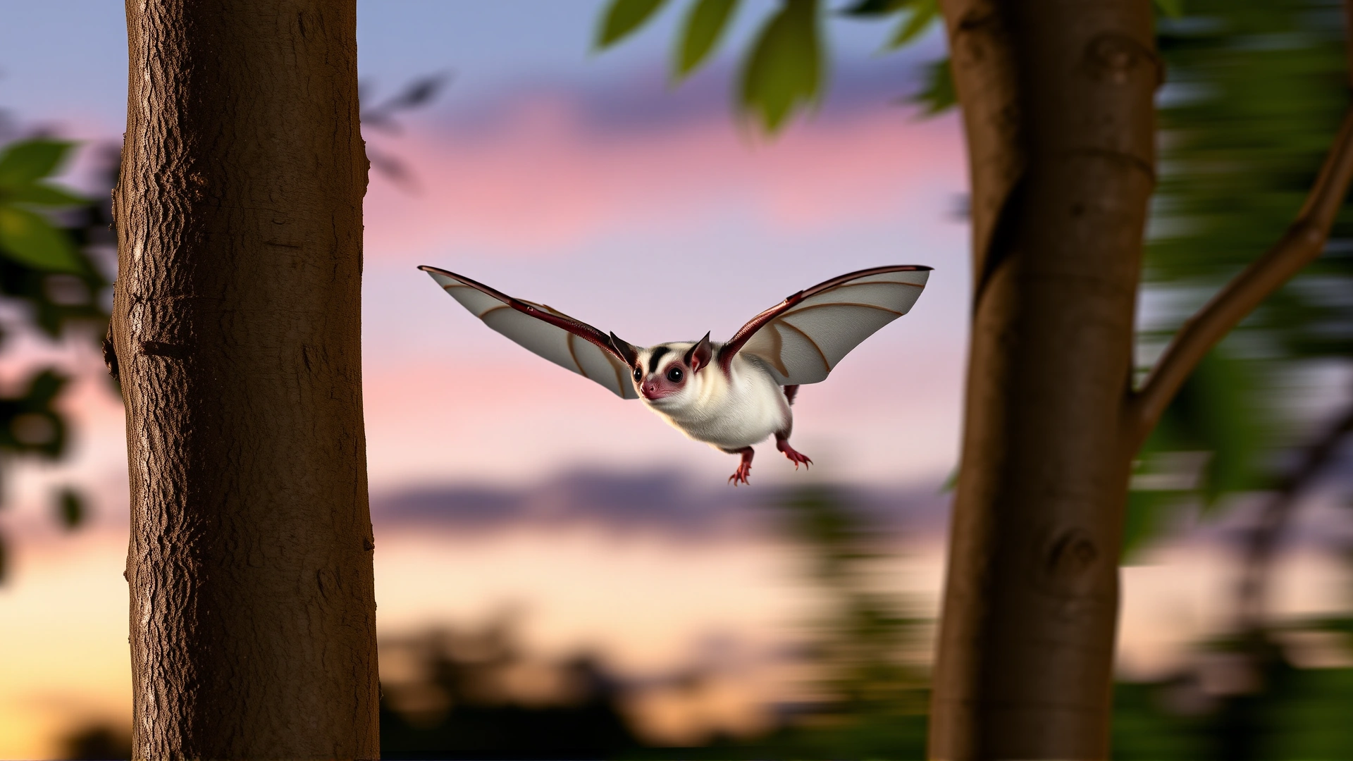 Sugar glider captured mid-glide between two trees at twilight, wings fully extended, motion blur on background.