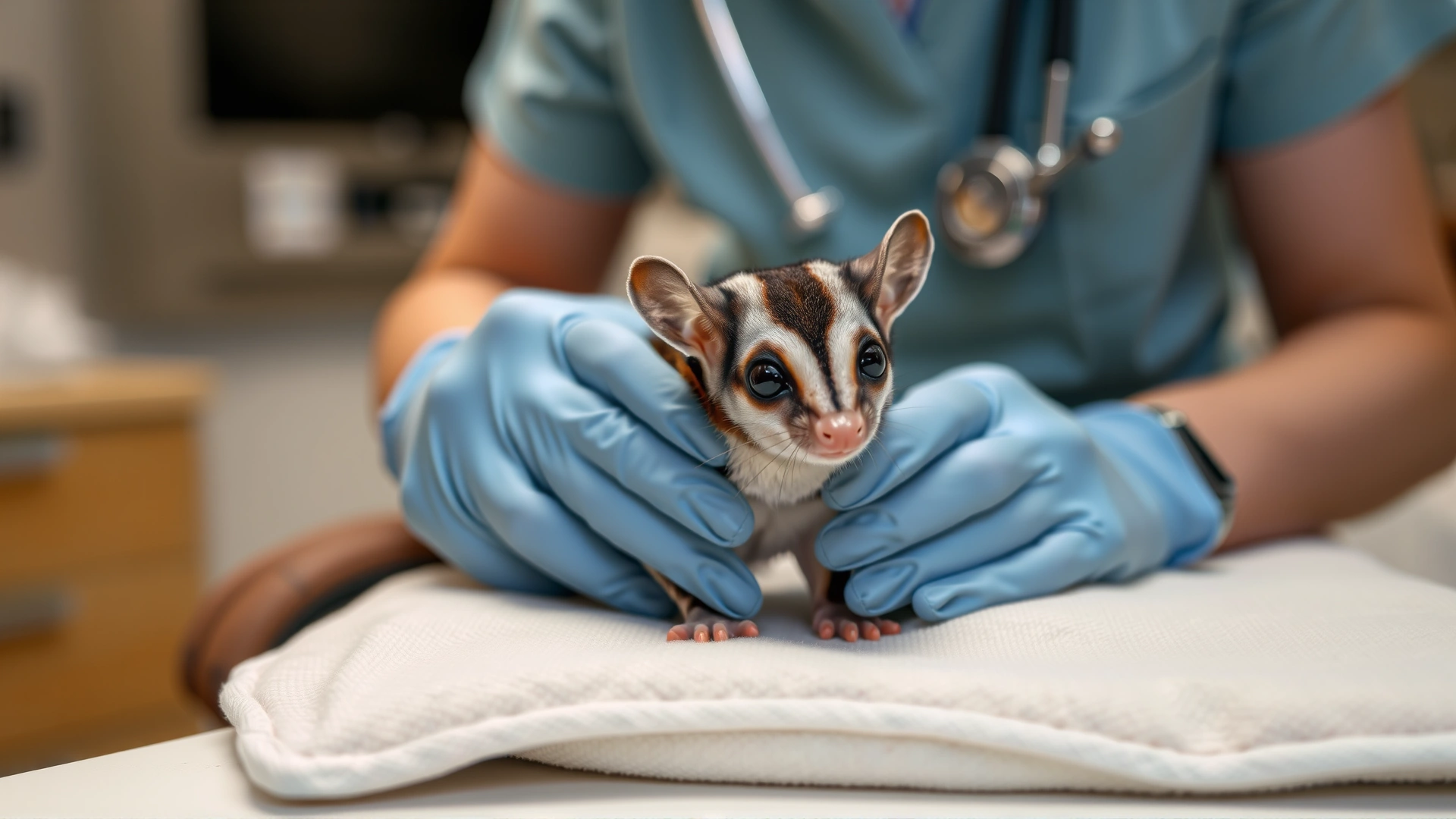 Exotic animal veterinarian gently examining a sugar glider on a padded table, veterinary clinic background slightly out of focus.