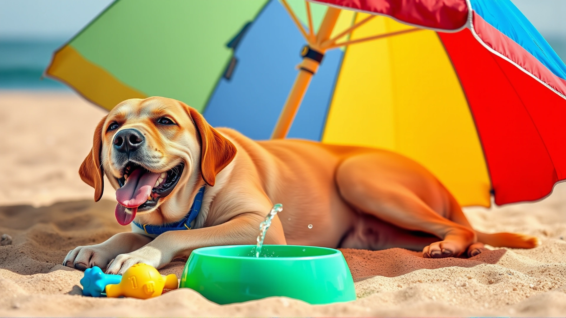 Happy Labrador relaxing under a colorful beach umbrella with a water bowl and toys beside it on warm sand, emphasizing shade and hydration