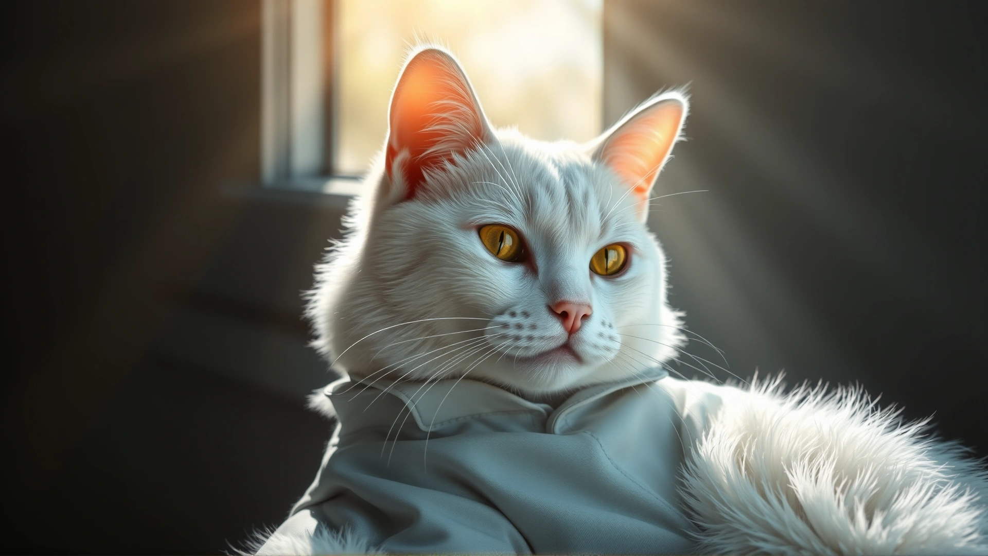 White cat lounging near a window wearing a light UV-protective shirt, beams of sunlight highlighting its coat, no text