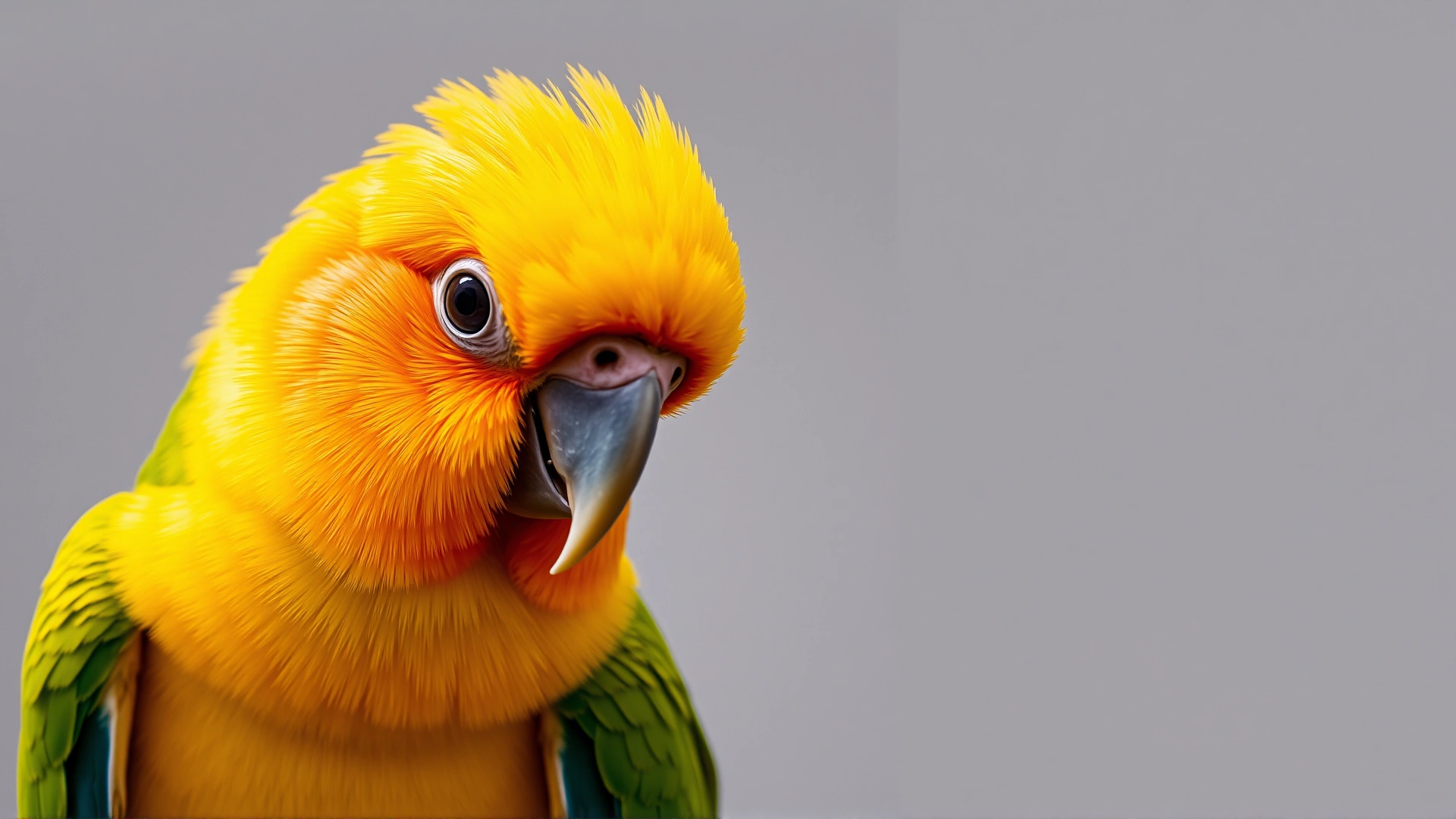 A sharp, close-up photograph of a Sun Conure highlighting its bright yellow, orange, and green feathers against a neutral blurred background.