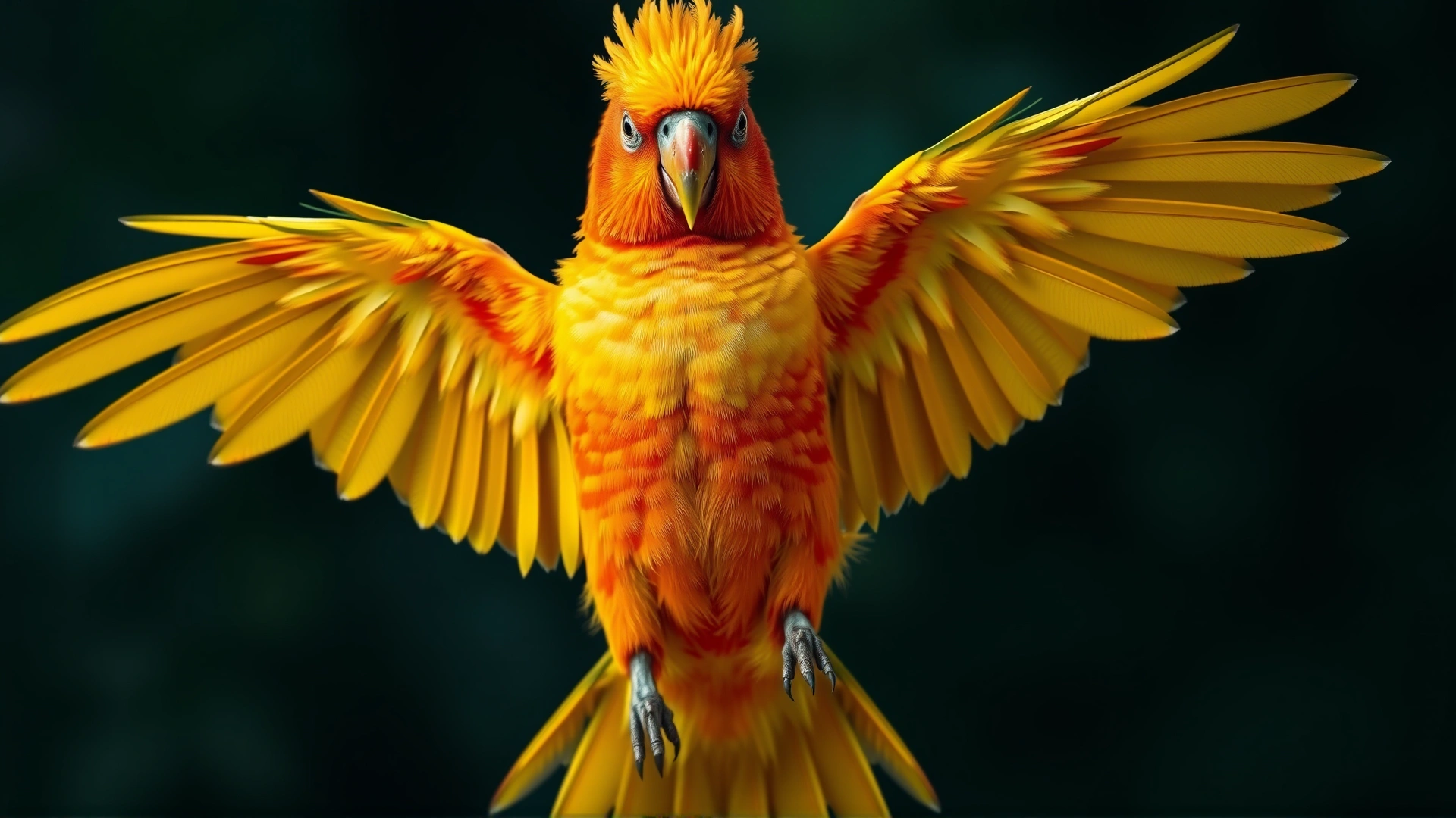 Sun Conure displaying vivid orange and yellow feathers while flapping wings