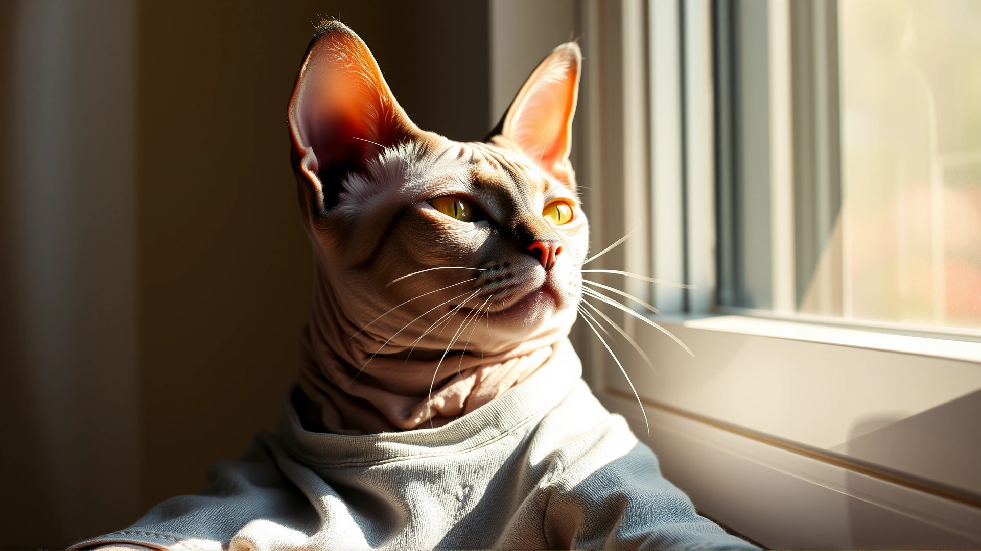 Hairless cat lounging by a sunny window wearing a lightweight UV-protective shirt; bright yet safe sunlight streaming in
